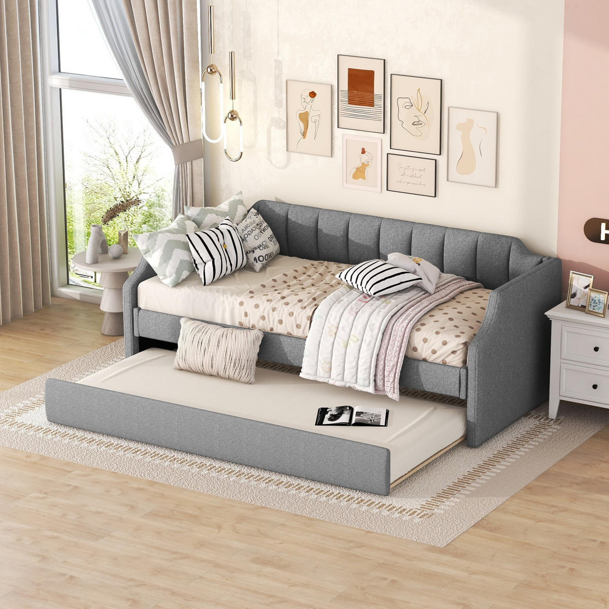 POLSTERBETT 90/200 cm Grau aus Leinen mit Rollbett - Grau, Textil (90/200cm) - OKMYHOME