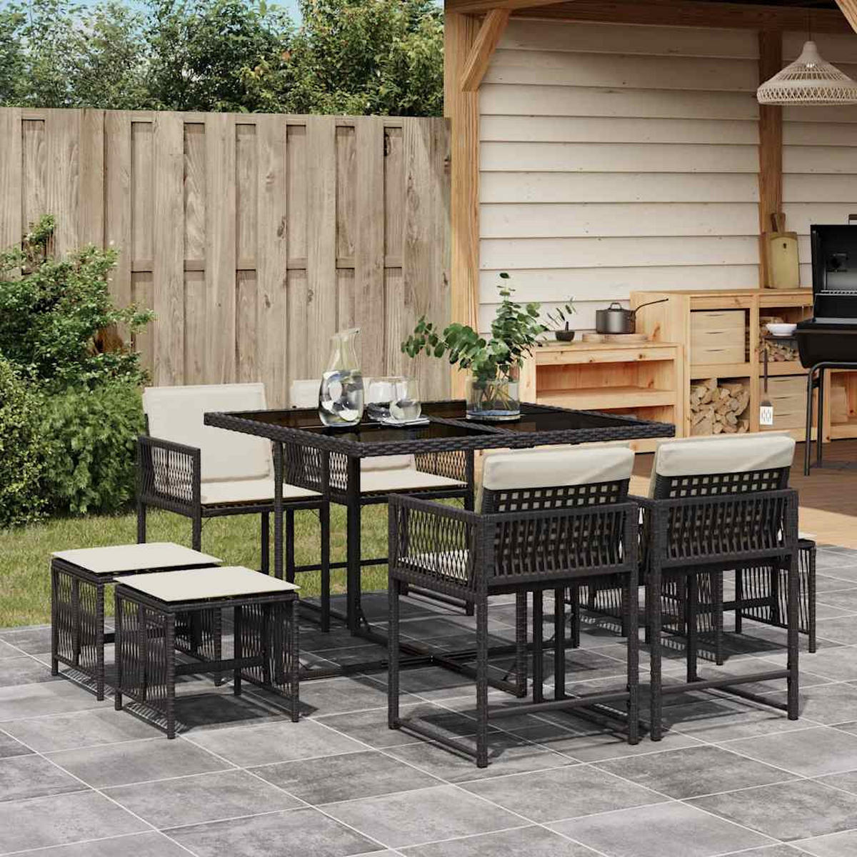 GARTEN-ESSGRUPPE 9-TLG.Mit Kissen Schwarz Poly Rattan - Creme/Schwarz, Kunststoff - vidaXL