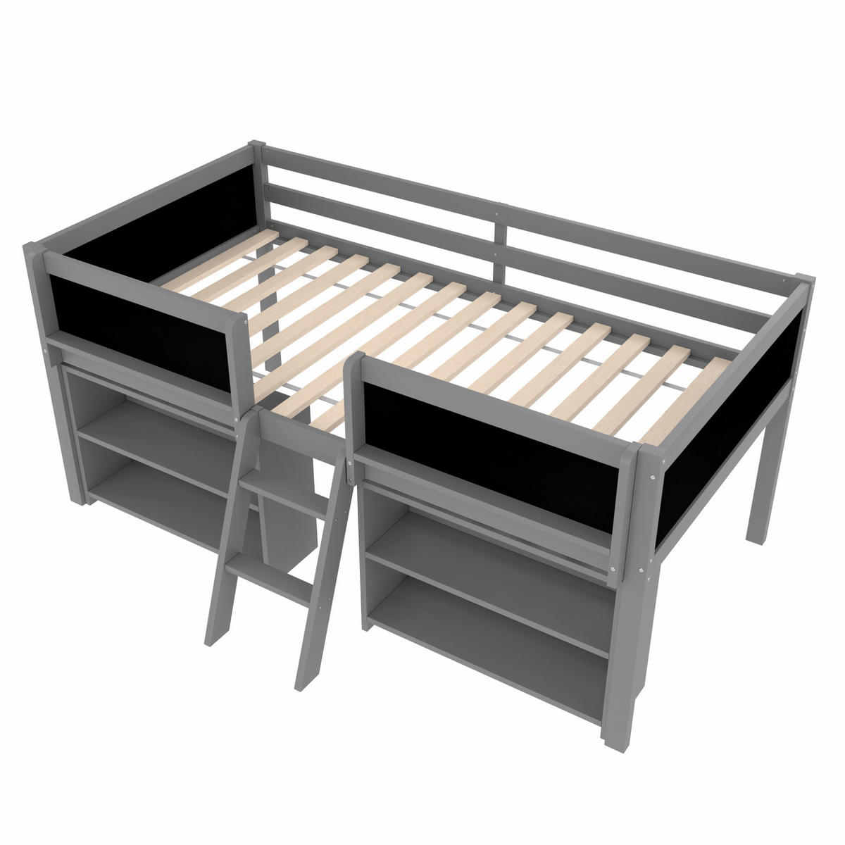HALBHOHES BETT 90/200 cm, Grau mit Stauraum und Zeichentafel - Grau, Holz (90/200cm) - MIVRAY