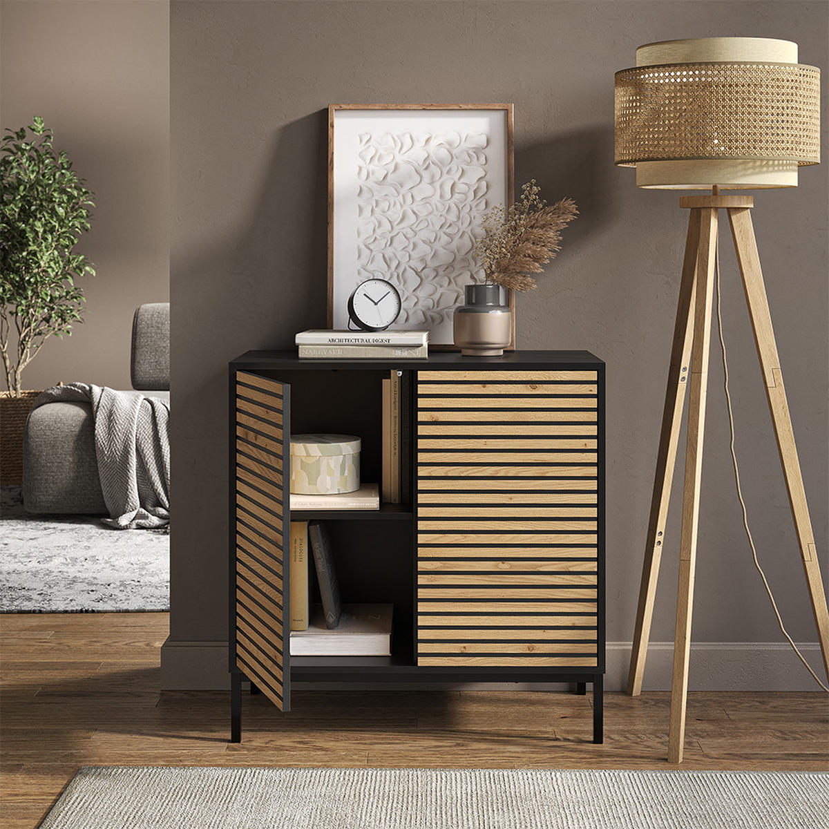 KOMMODE Eliza Schwarz/Eiche 80 x 81.2 cm mit 2 Türen - Honigeiche/Anthrazit, Holzwerkstoff (80/81.2/40cm) - Vicco