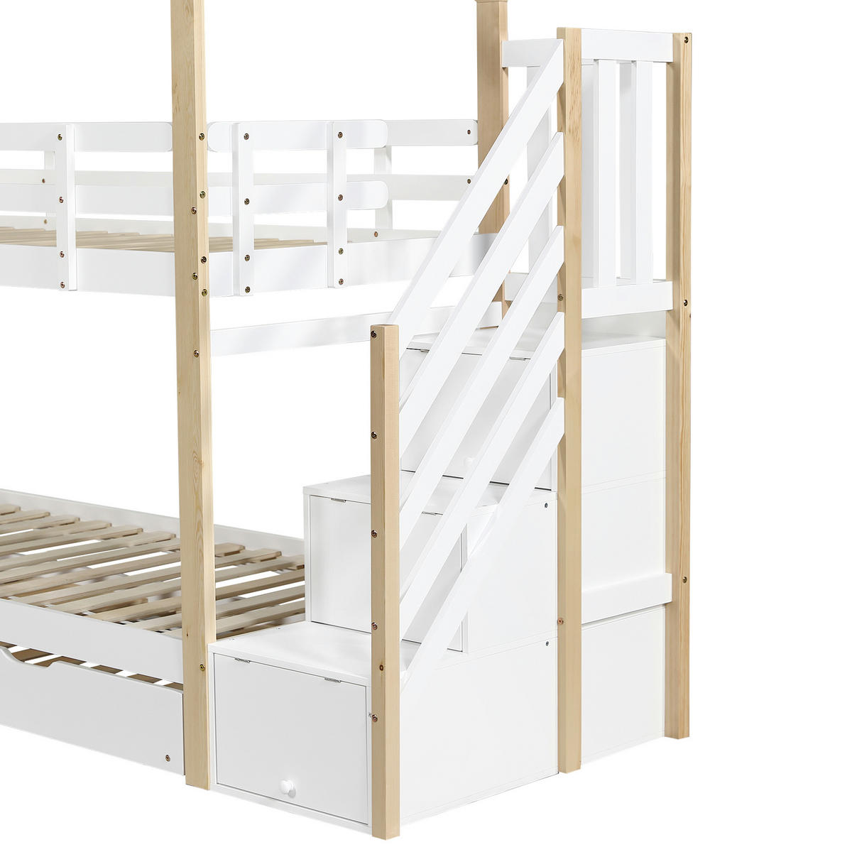 ETAGENBETT 90/200 cm & 90/190 cm in Weiß & Natur Kinderbett mit Schubladen, Ausziehbett und Absturzsicherung Hausbett-Design - Naturfarben, Holz (90/200cm) - STILVORA