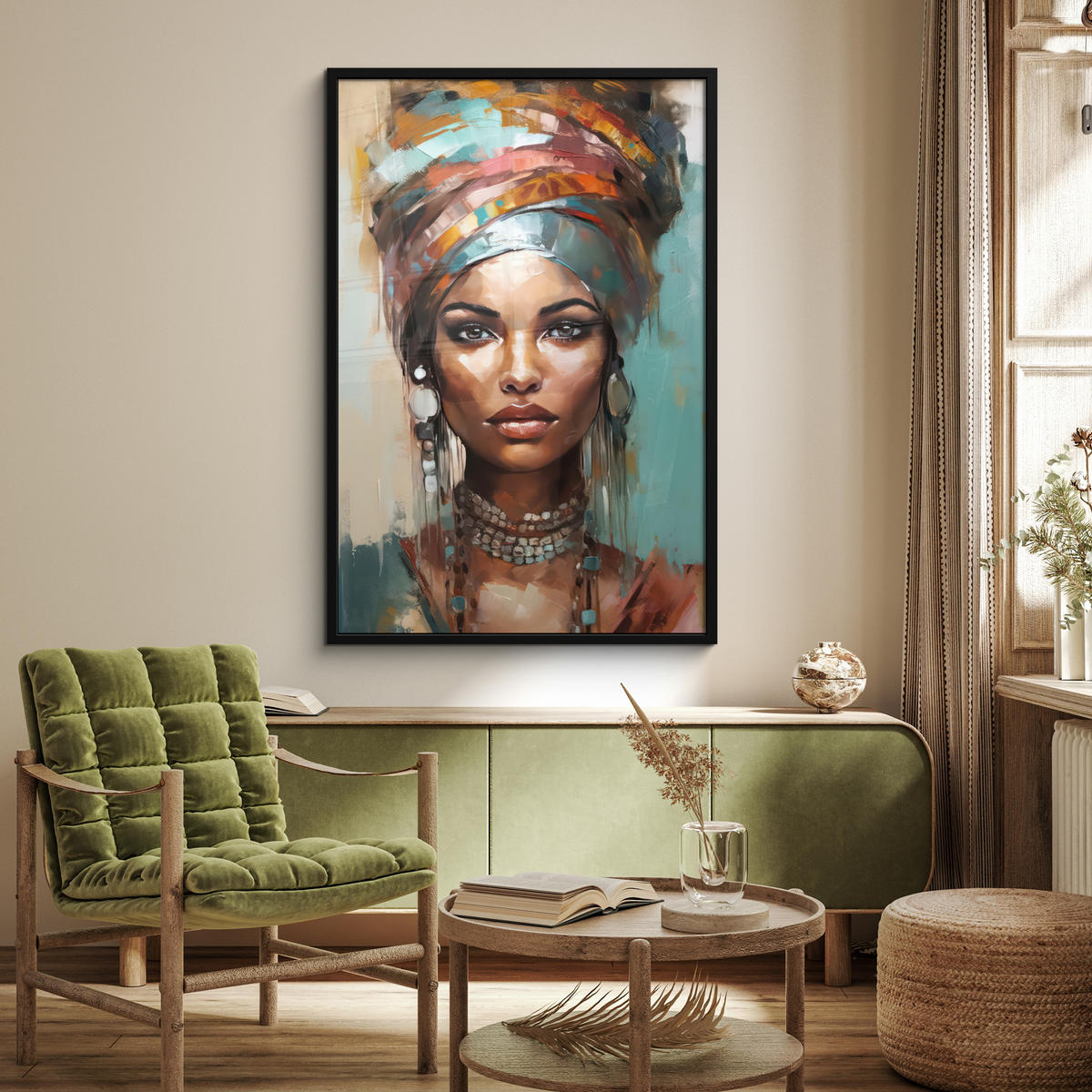 GERAHMTES BILD Frau - Kunst - Schmuck - Porträt 80x120 cm - Blaugrau, Papier (80/120cm) - MuchoWow