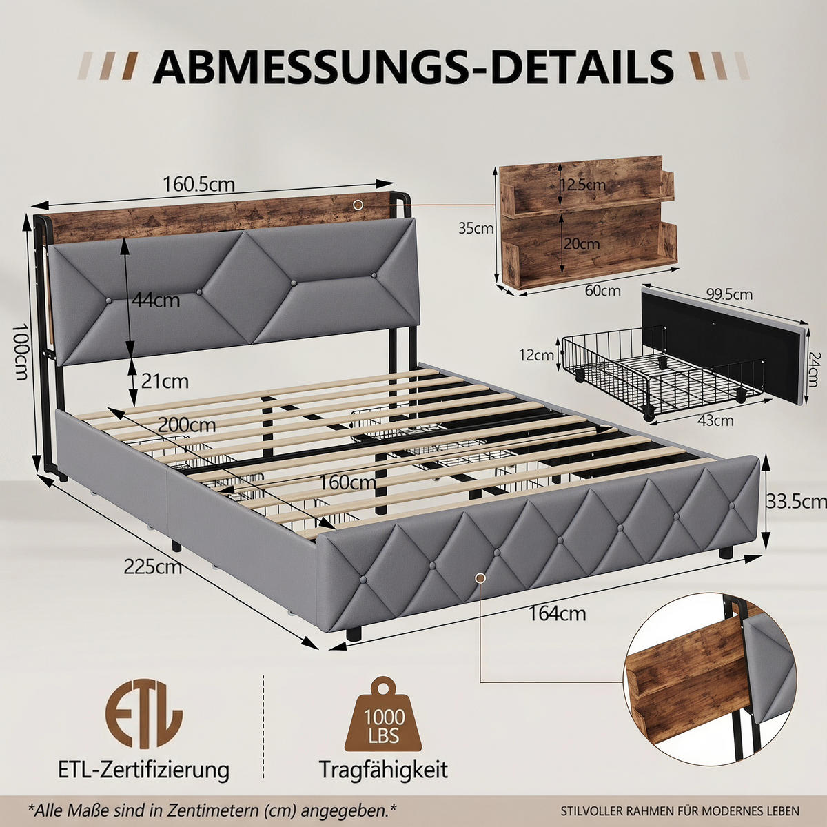 POLSTERBETT 160x200 mit Stauraum, 4 Schubladen und Steckdose, Lattenrost, Kopfteil mit verstecktem Stauraum, Grau - Grau, Holz/Textil (160/200cm) - GENKI LIVING