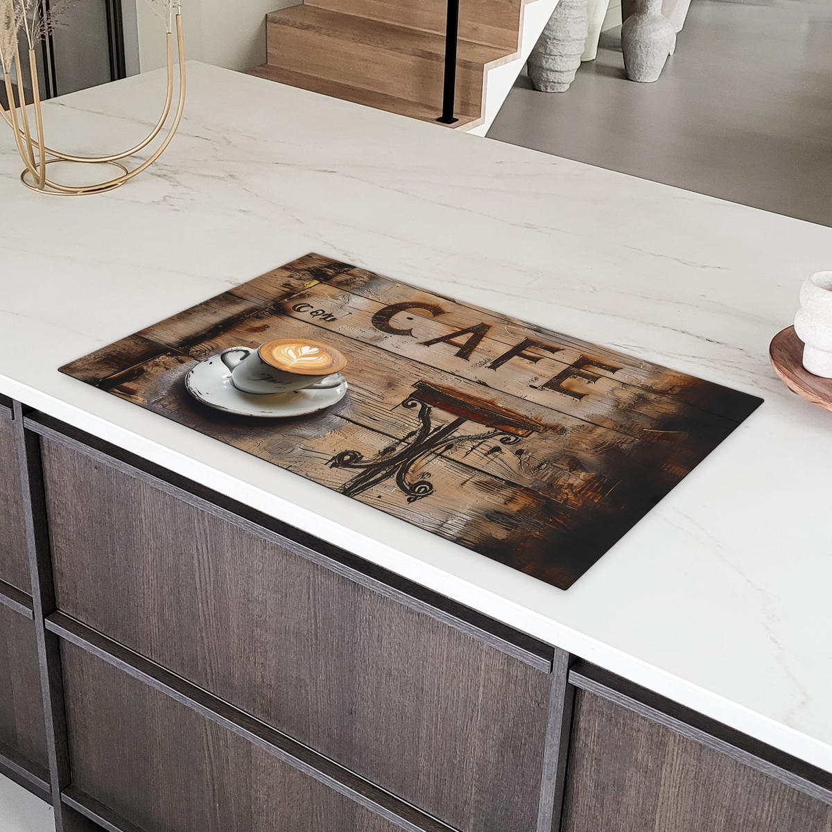 HERDABDECKPLATTE Cafe - Holz - Kaffee - Regale 91x52 cm - Schwarz, Kunststoff (91.2/0.2/52cm) - MuchoWow