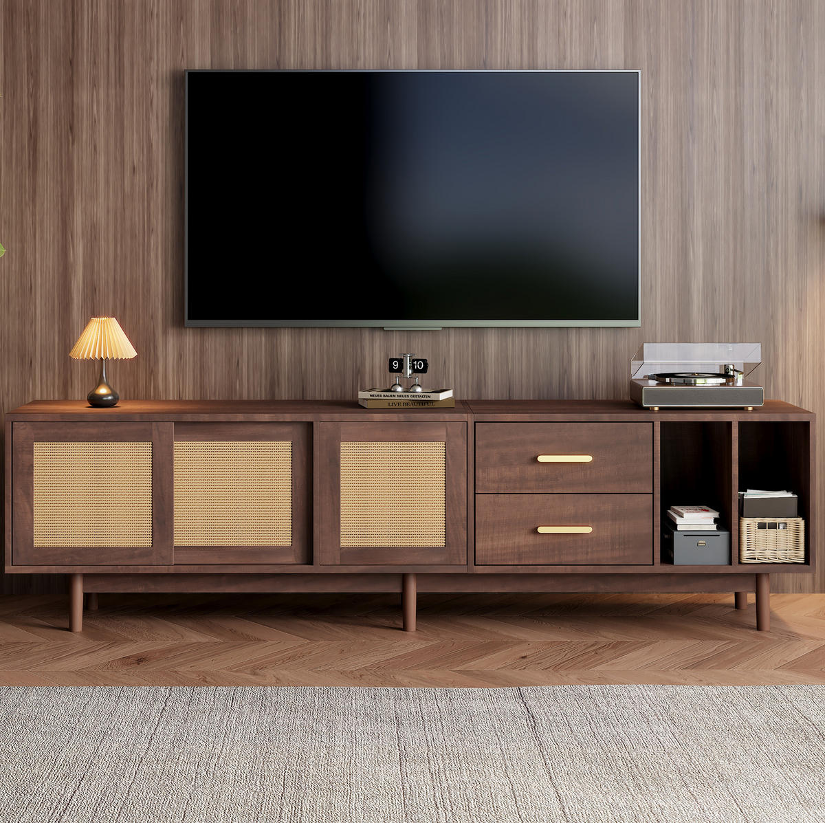 LOWBOARD 190/40/52 cm aus MDF mit Rattanfronten und 2 Schubladen Braun - Braun, Holzwerkstoff (190/52/40cm) - Modenvie