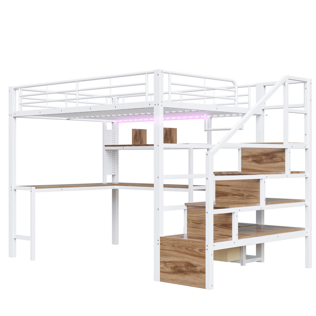 HOCHBETT 140/200 cm mit Eisenrahmen Weiß, Schreibtisch, Stauraumtreppe und LED-Licht - Weiß, Metall