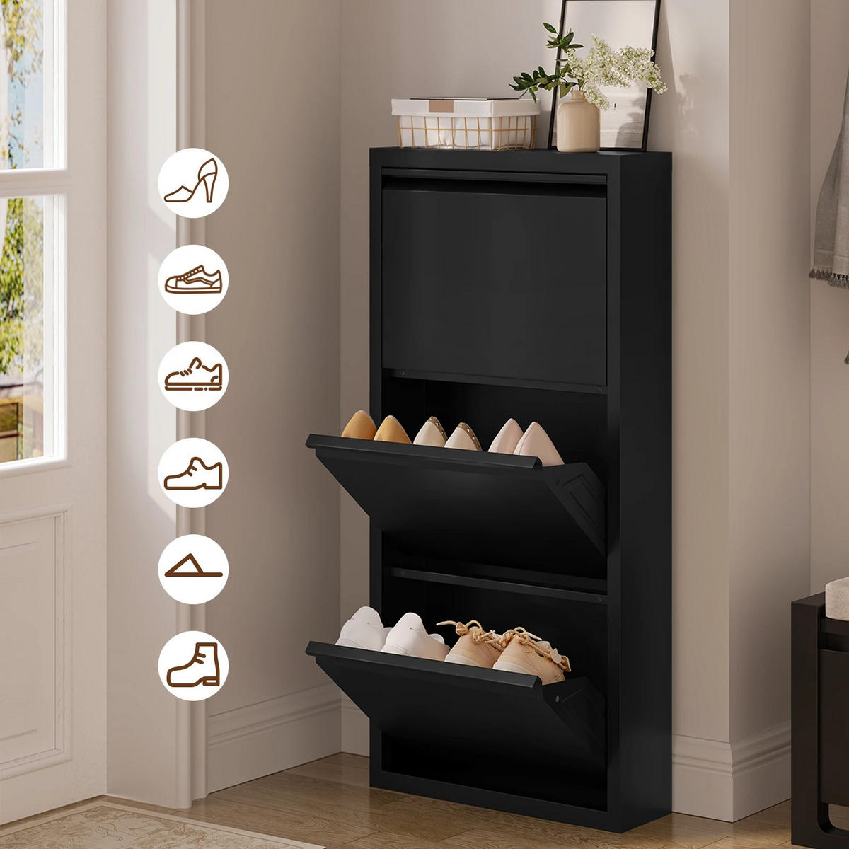 SCHUHKIPPER mit 3 Klapptüren, 50 x 106 x 15 cm, Schwarz - Schwarz, Metall (50/106/15cm) - Kaket