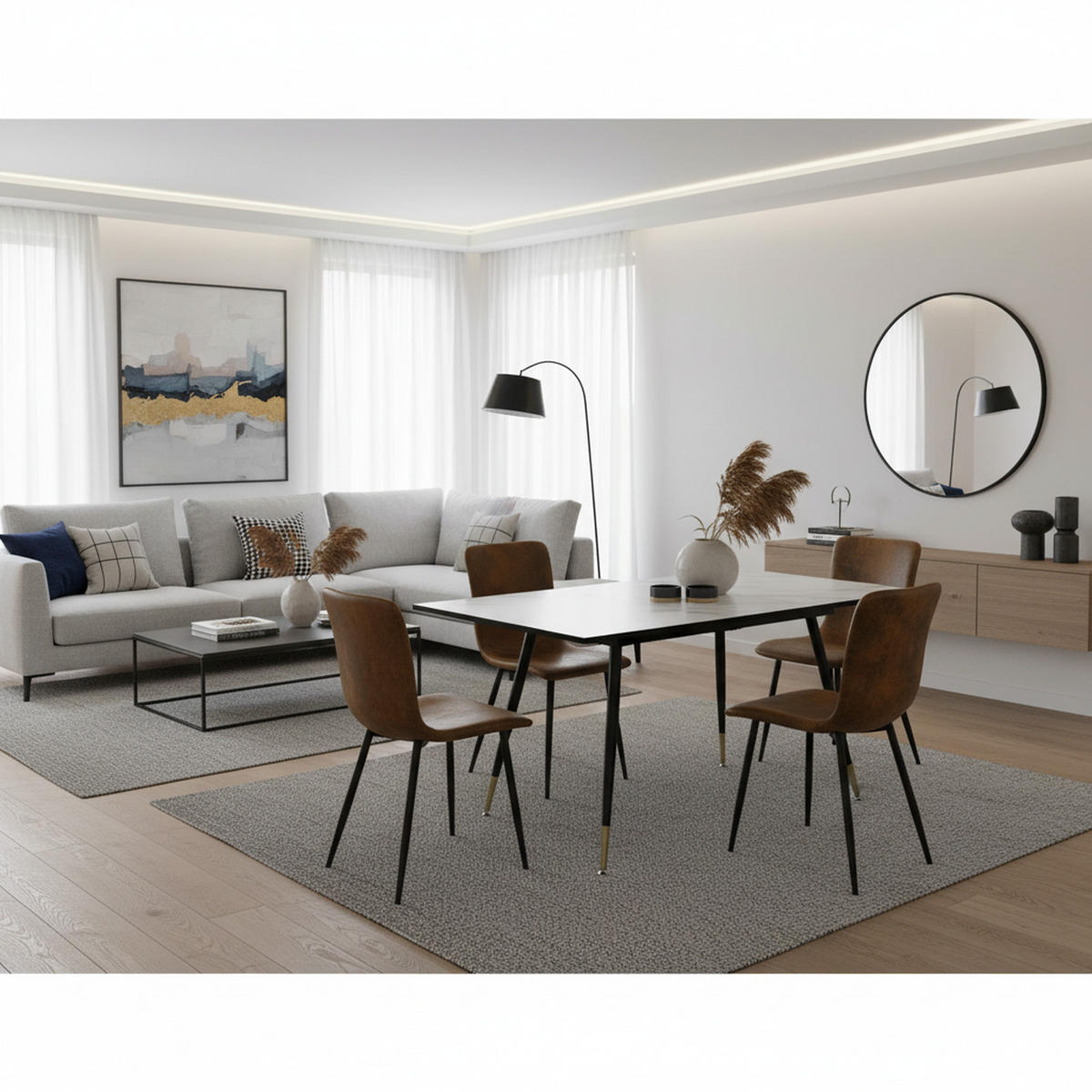 ESSTISCH SET mit ausziehbarem Tisch und 4 bequemen Stühlen - Schwarz/Braun, Holzwerkstoff/Metall (80/75/160cm) - Urban Meuble