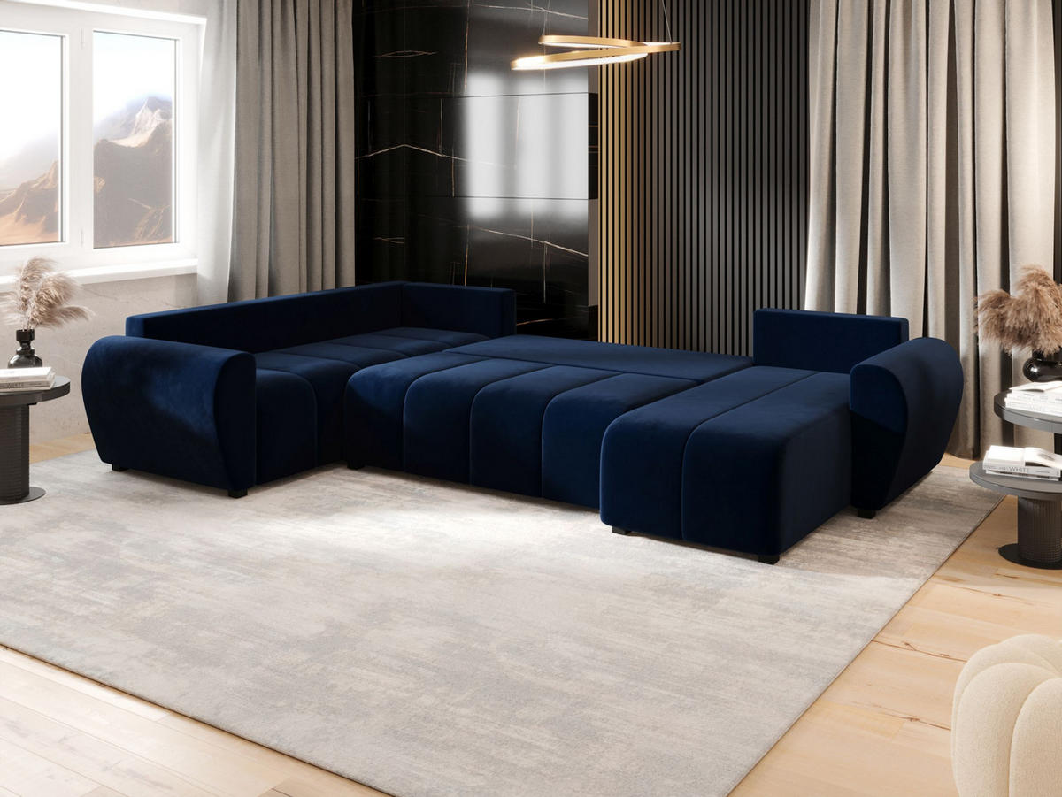 WOHNLANDSCHAFT MOLISA U PLUS Itaka 11 Rechts mit Schlaffunktion - Dunkelblau, Textil (303/82/208cm) - Bedante