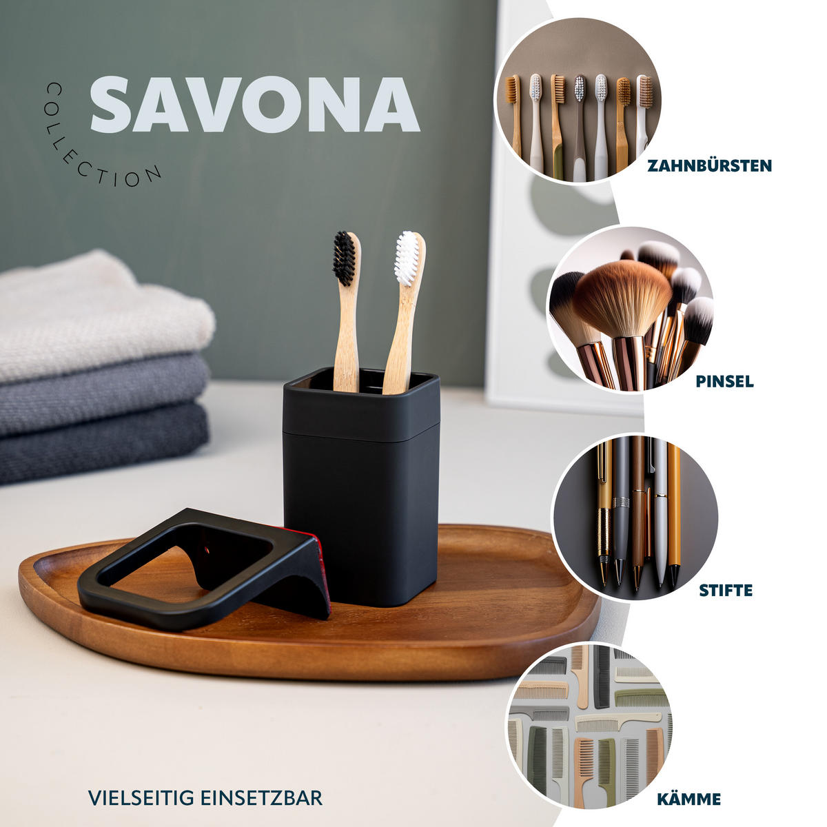 ZAHNPUTZBECHER SAVONA Softtouch, schwarz, eckig - Schwarz, Kunststoff (9/10.5/9cm) - bremermann