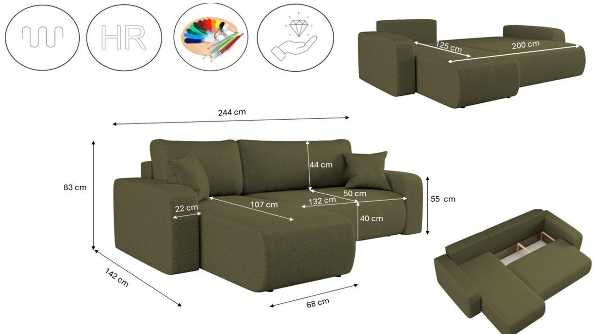 ECKSOFA L-FORM Schlaffunktion Und Bettkasten Eckcouch MILANO L Stoff Quelle Olive Links - Olivgrün, Holz/Textil (142/244cm) - Kaiser Möbel