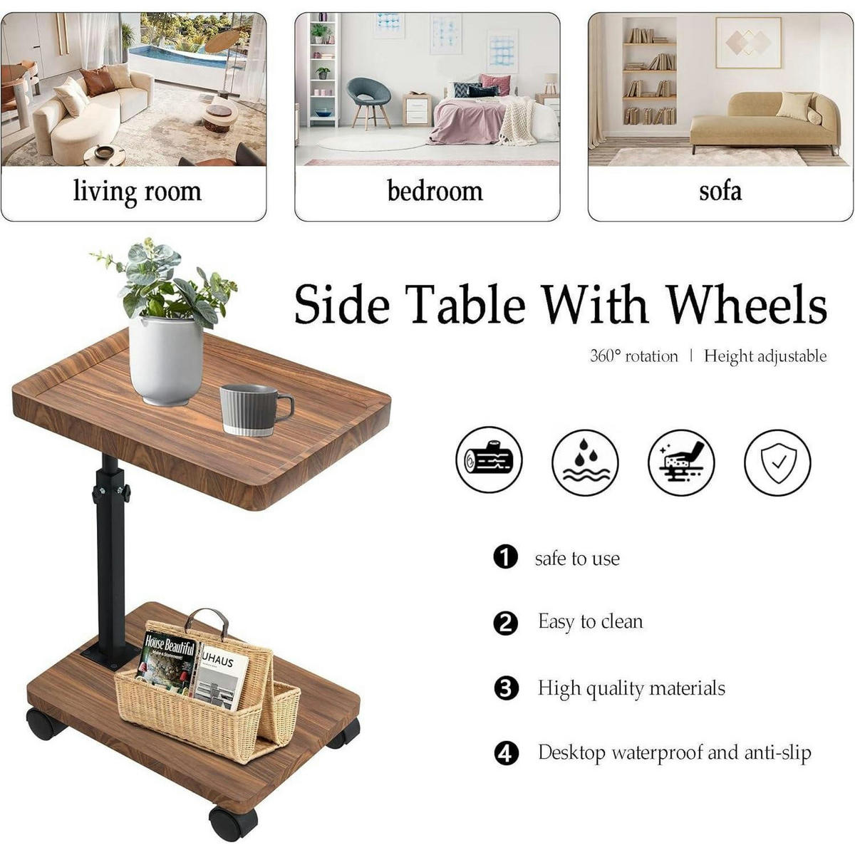 BEISTELLTISCH mit Rollen Nussbaum 45-80 cm - Braun, Holzwerkstoff (40/30/45cm)