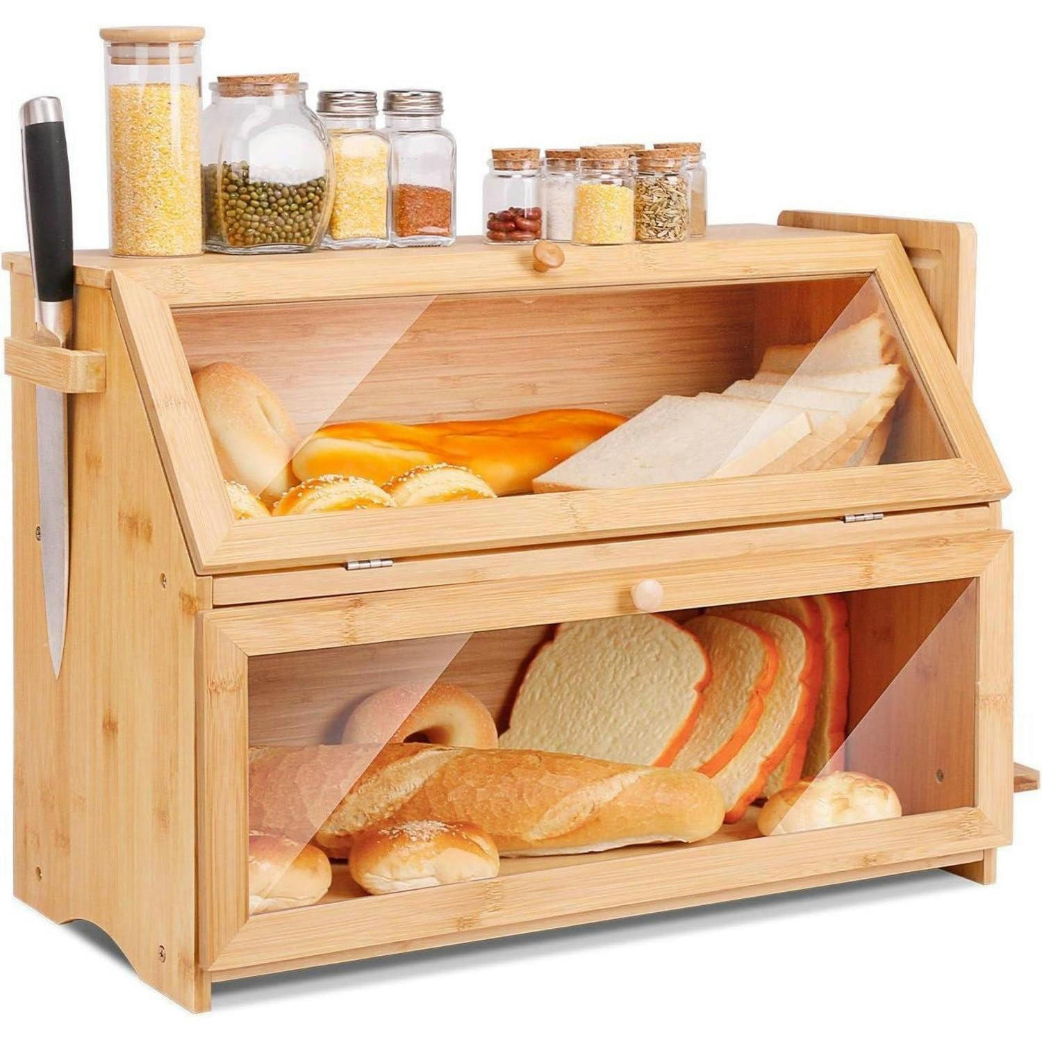BROTKASTEN Bambus 2 Etagen mit Schneidebrett 50 cm - Hellbraun, Naturmaterialien (25/37/50cm)