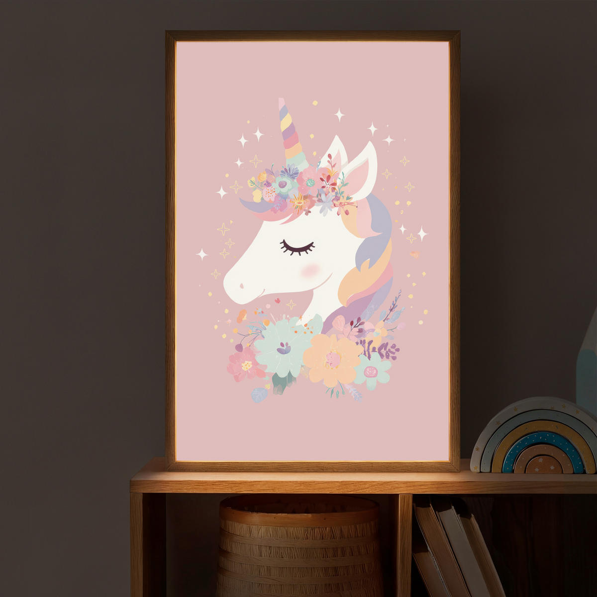 DOBÍJECÍ NOČNÍ LAMPIČKA Jednorožec - růžová - květiny 40x60 cm - růžová, kompozitní dřevo (8/40/60cm) - OnlyWow