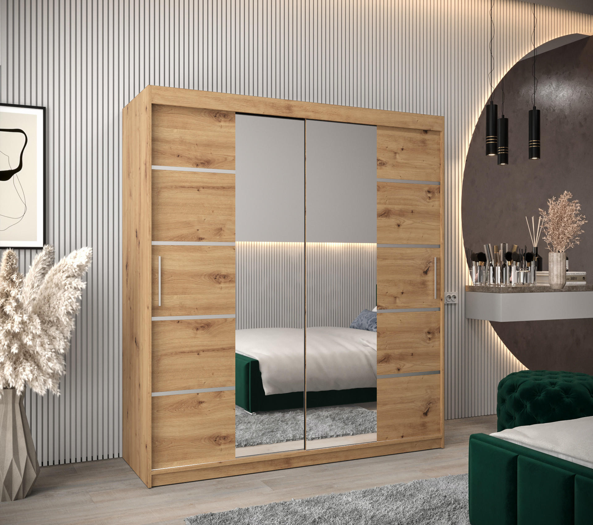 SCHWEBETÜRENSCHRANK 200/180/62 2-türig - Silberfarben/Eiche Artisan, Holz/Kunststoff (180/200/62cm) - MÖBEL KRYSPOL