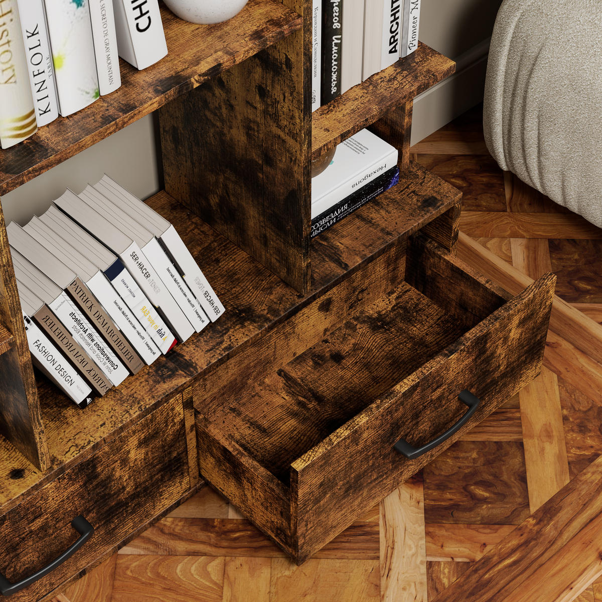 BÜCHERREGAL Dunkelbraun 12 Fächer 2 Schubladen 86/25/140 cm - Braun, Metall (86/140/24cm) - PANGIVO