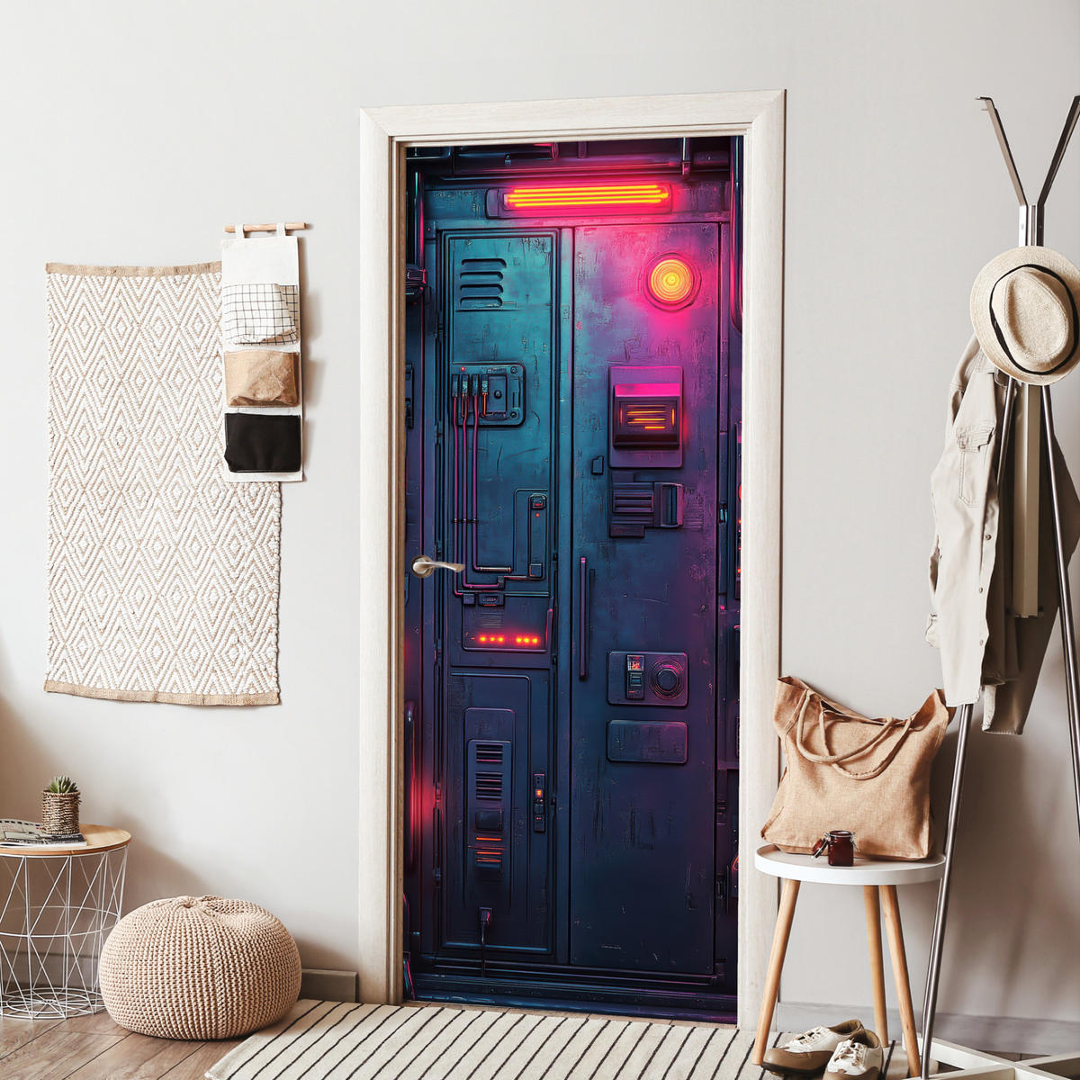 TÜRAUFKLEBER Selbstklebend - Tür - Futuristisch - Blau - Rosa - Neon 85x205 cm - Türtapete - Anthrazit, Kunststoff (85/0.1cm) - MuchoWow