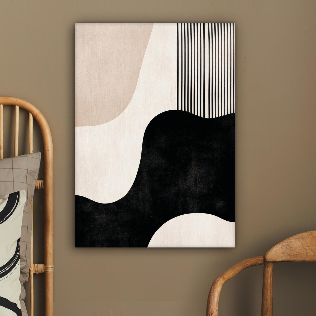 LEINWANDBILD Abstrakt - Japandi - Beige - Modern 60x80 cm - Schwarz, Textil (60/80cm) - MuchoWow