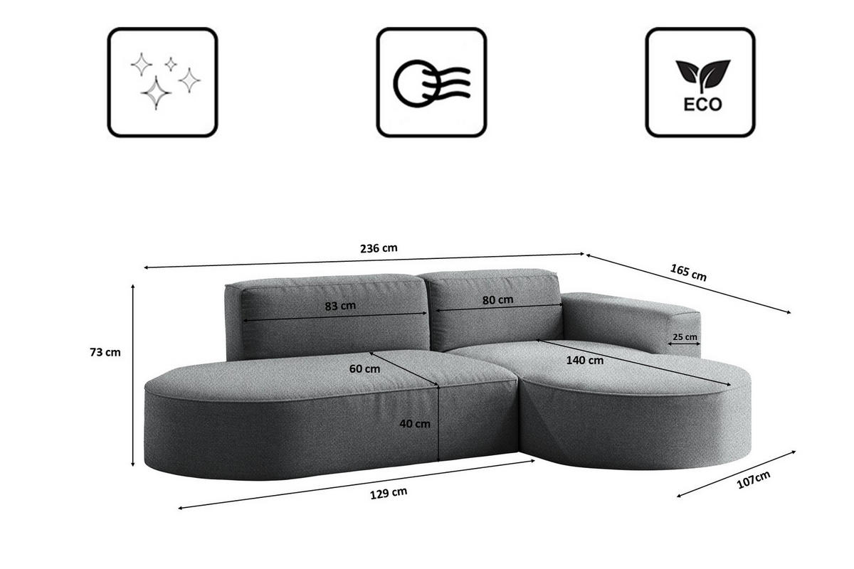 ECKSOFA Modena Studio Falten, Stoff Alpine, Anthrazit Rechts - Anthrazit, Holz (236/165cm) - Kaiser Möbel