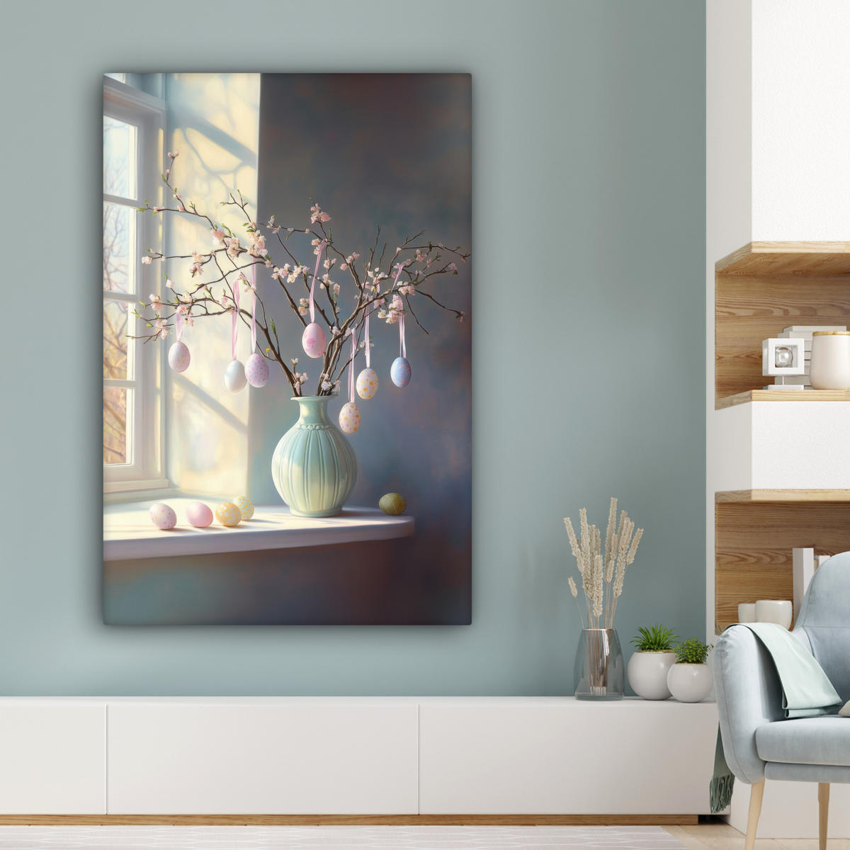 LEINWANDBILD Stillleben - Vase - Osterzweig Deko Groß 90x140 cm - Hellblau, Textil (90/140cm) - MuchoWow