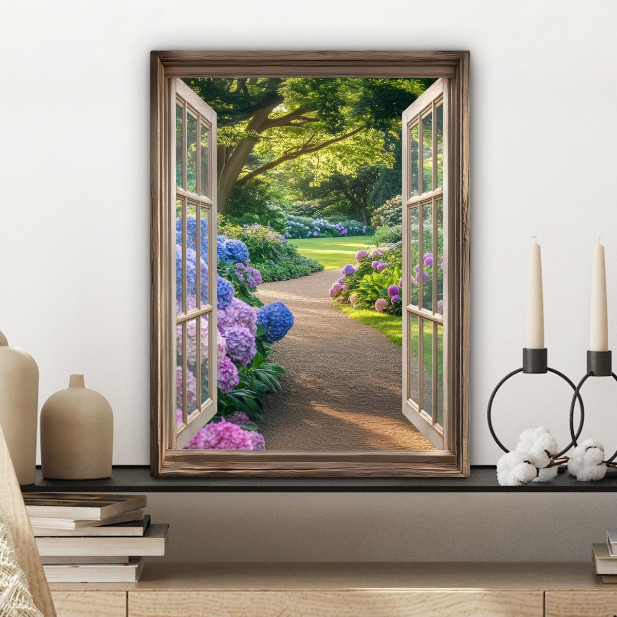 LEINWANDBILD Aussicht - Garten - Fenster - Hortensie - Blumen Room Decor 30x40 cm - Pastellblau, Textil (30/40cm) - MuchoWow