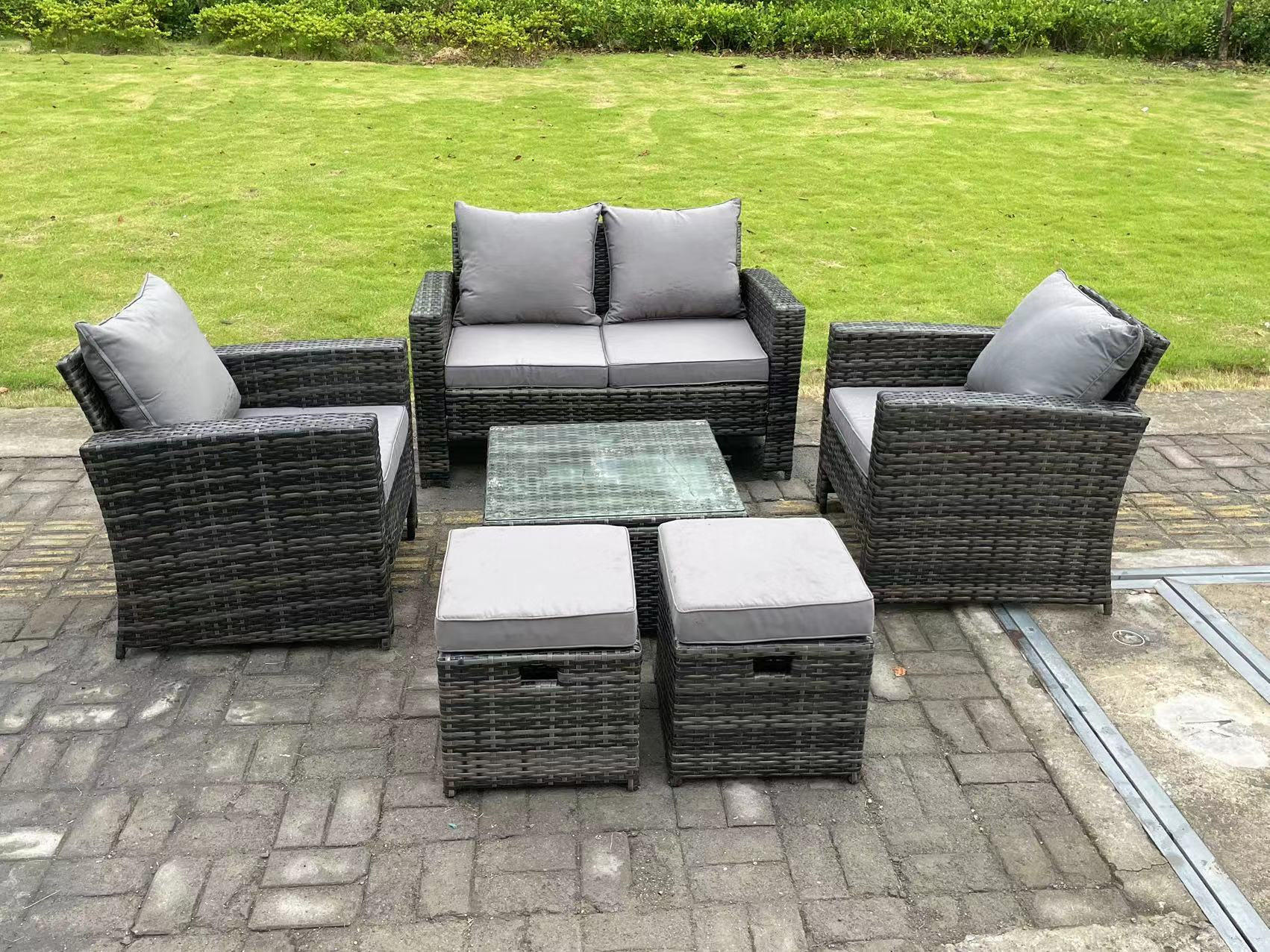 GARTENSOFA SET mit Couchtisch Polyrattan Dunkelgrau 6-Sitzer - Dunkelgrau, Metall - Fimous