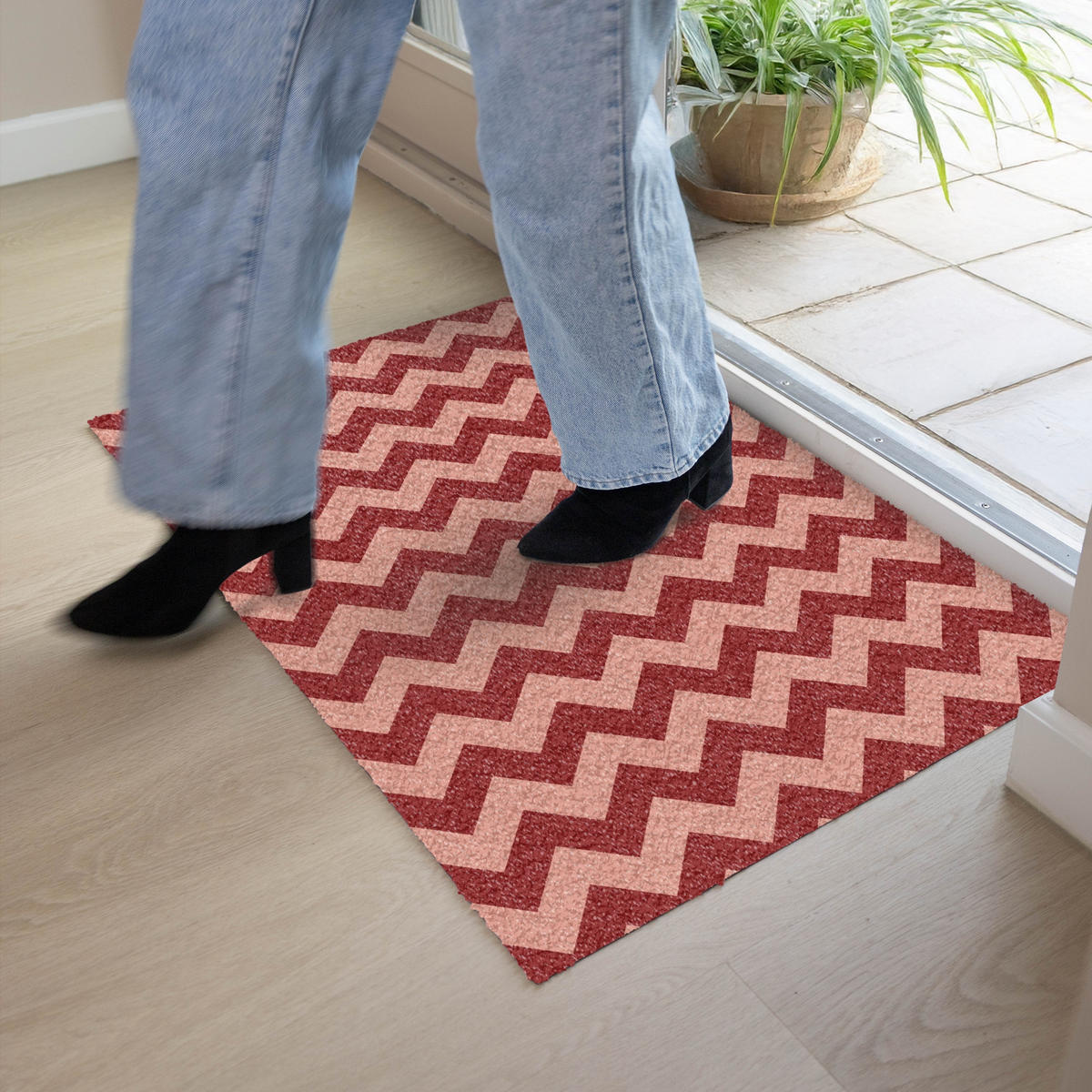 FUSSMATTE Zickzack - Streifen - Muster - Rot 90x60 cm - Bordeaux, Kunststoff (90/0.4cm) - MuchoWow