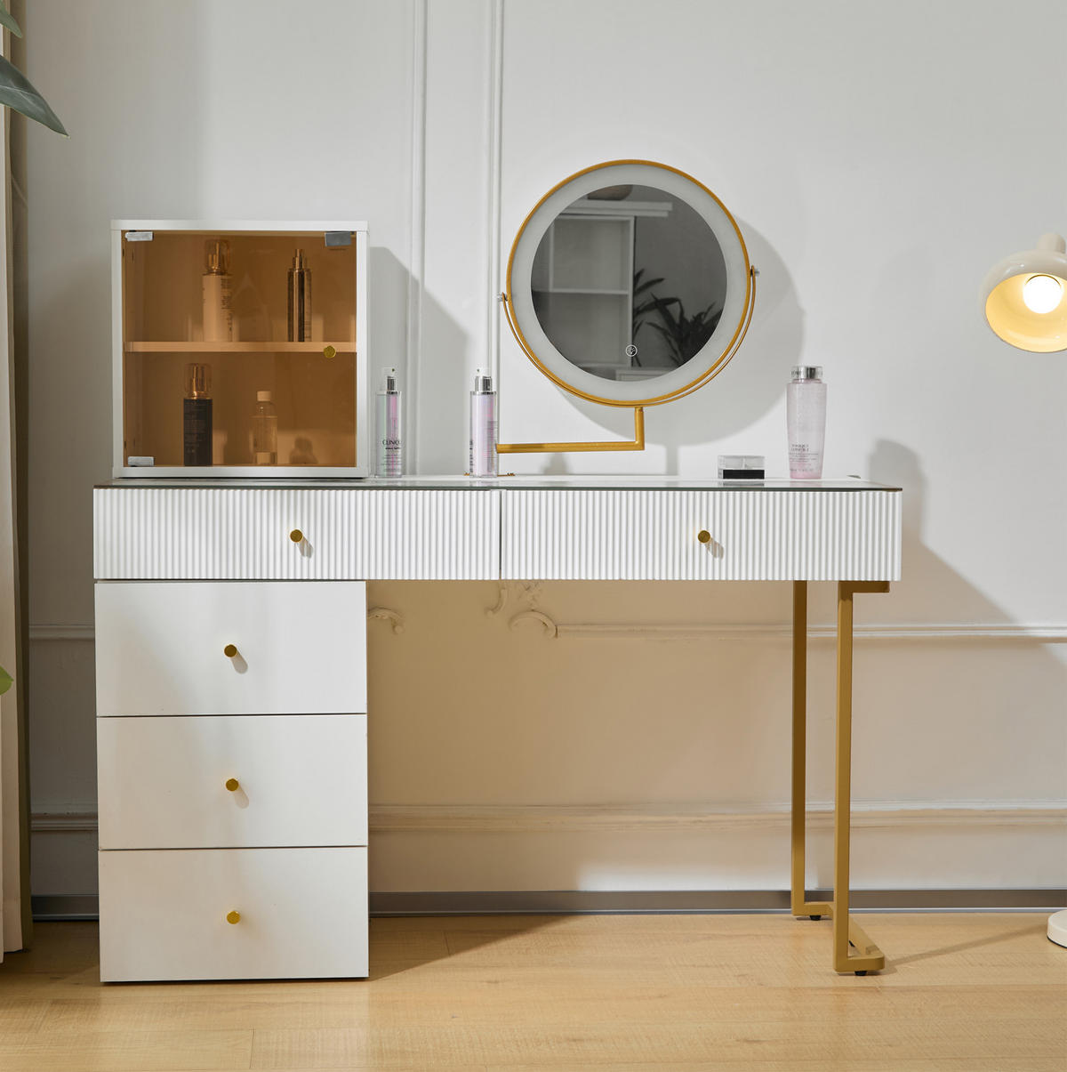 SCHMINKTISCH 120/45/115 cm weiß/gold aus Glas-Holzwerkstoff mit LED - Weiß, Holzwerkstoff (45/115/120cm) - OKWISH