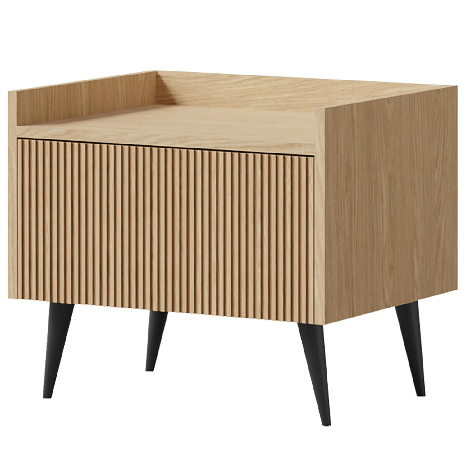 NACHTTISCH Amfali mit 1 Tür, geriffelte Fronten, Push-to-open, Metallbeine, 52 cm, Frühlings-Eiche - Eichefarben/Schwarz, Holzwerkstoff/Metall (52/45/41cm) - Beautysofa