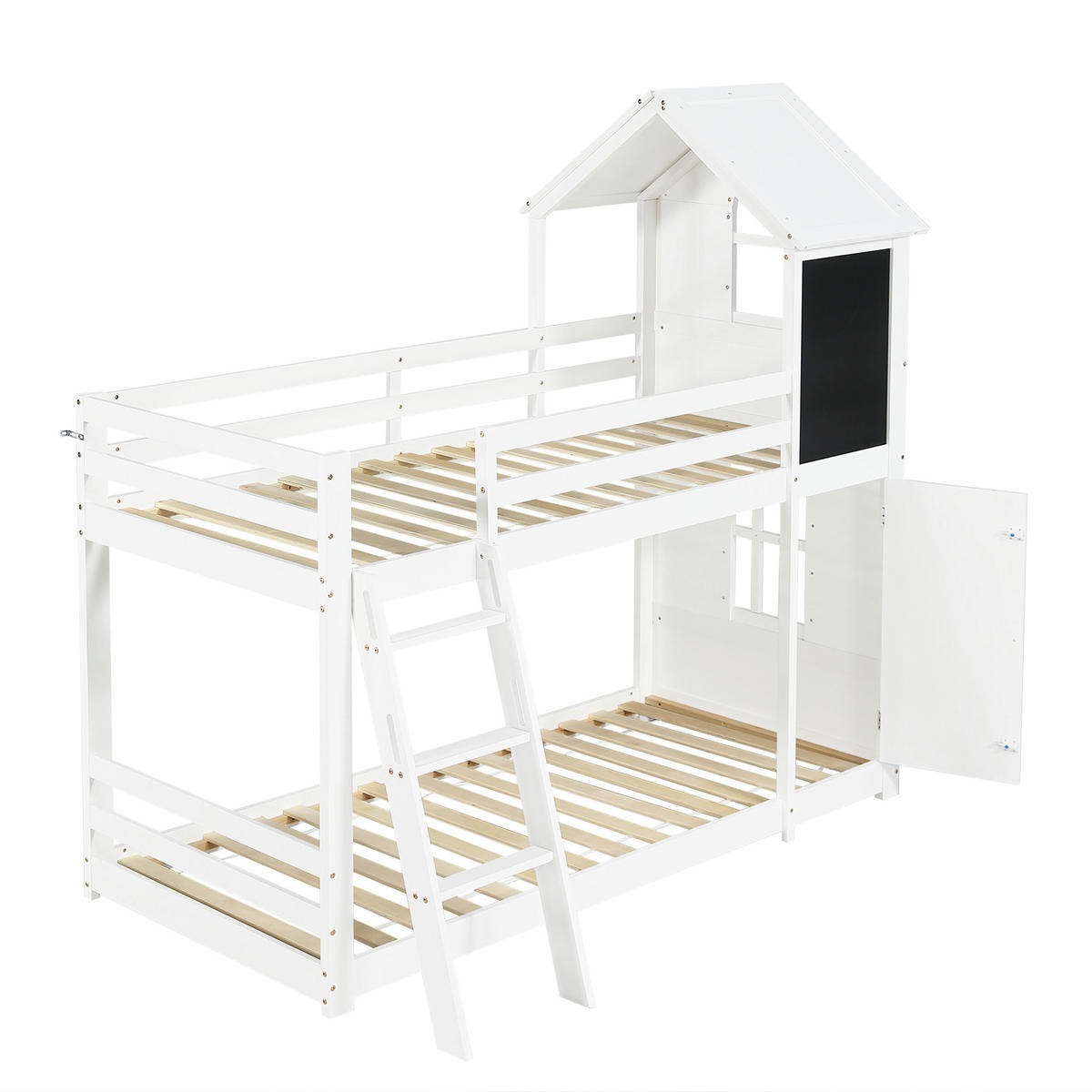 ETAGENBETT 90/200 cm mit Tafel, kleiner Tür, Dach und Schrägleiter aus Kiefernholz und MDF, Weiß - Weiß, Holzwerkstoff (90/200cm) - Redom