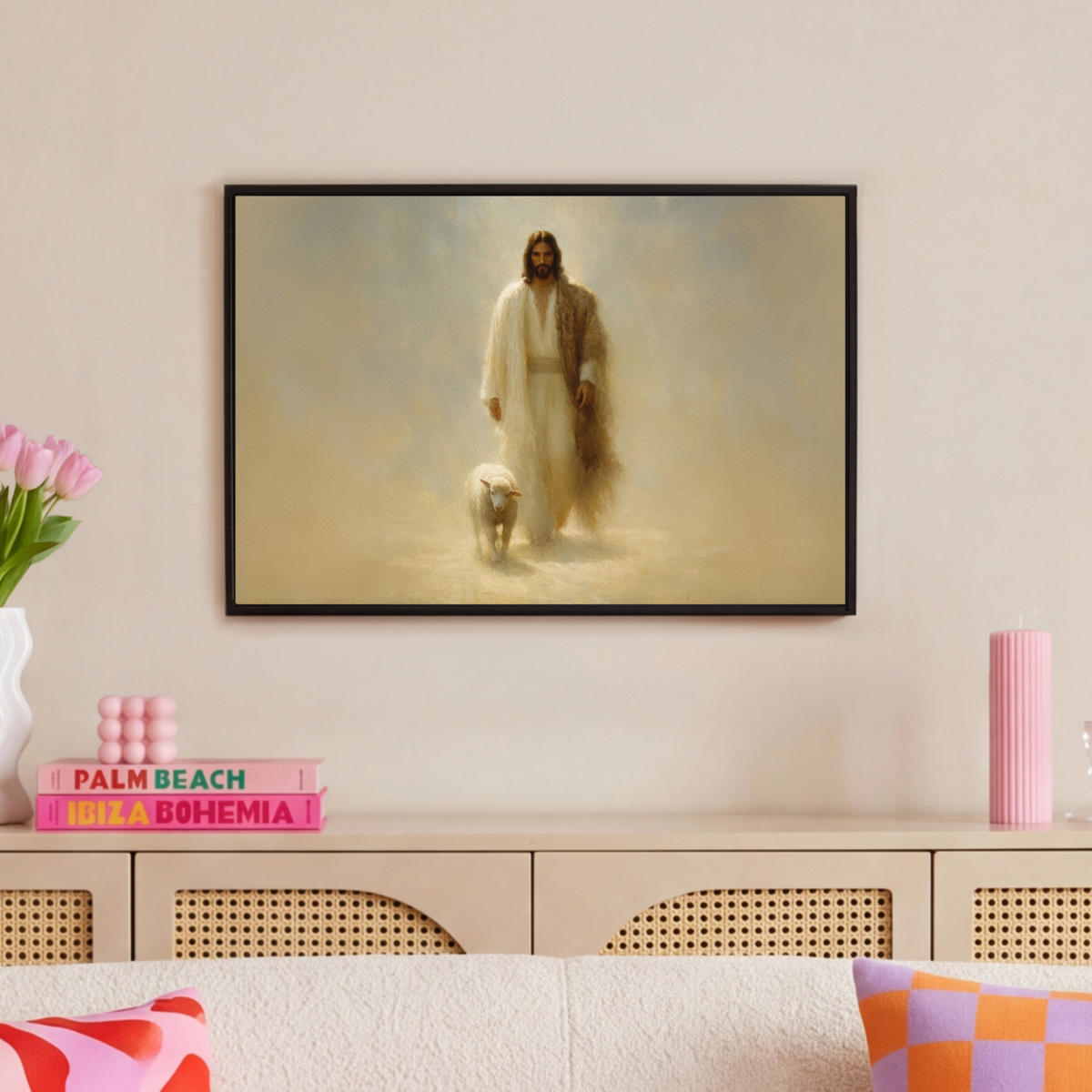 LEINWAND Bilder mit Rahmen - Schaf - Jesus - Pinselstriche - Abstrakt - 60x40 - Beige, Textil (60/40cm) - MuchoWow
