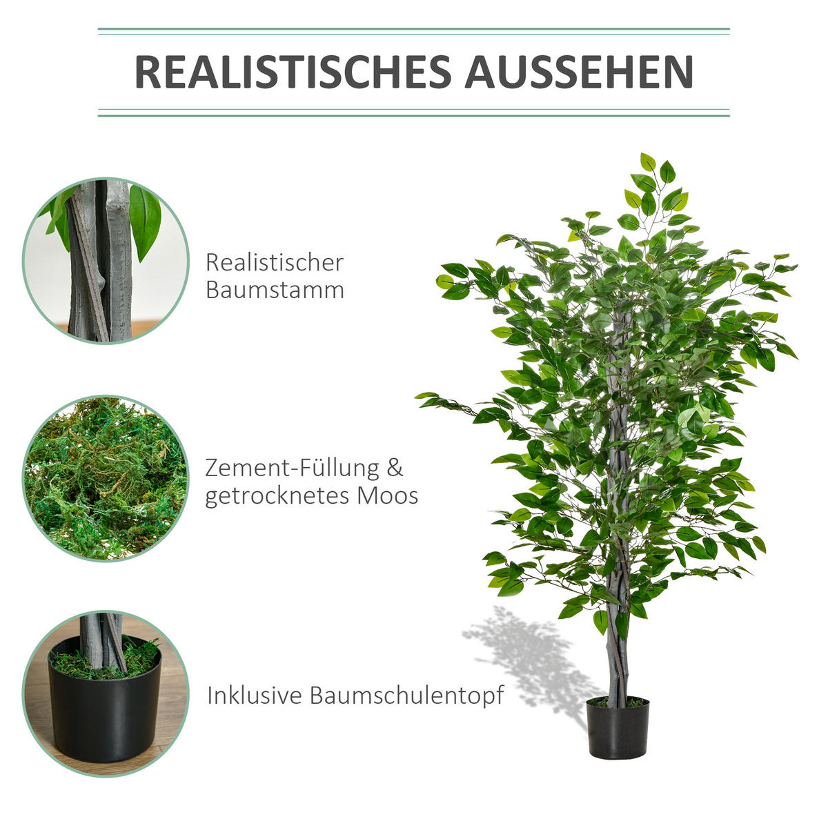 KÜNSTLICHER Ficusbaum groß 135 cm Kunstpflanze, Künstliche Pflanzen im Topf - Grün, Kunststoff (135cm) - HOMCOM