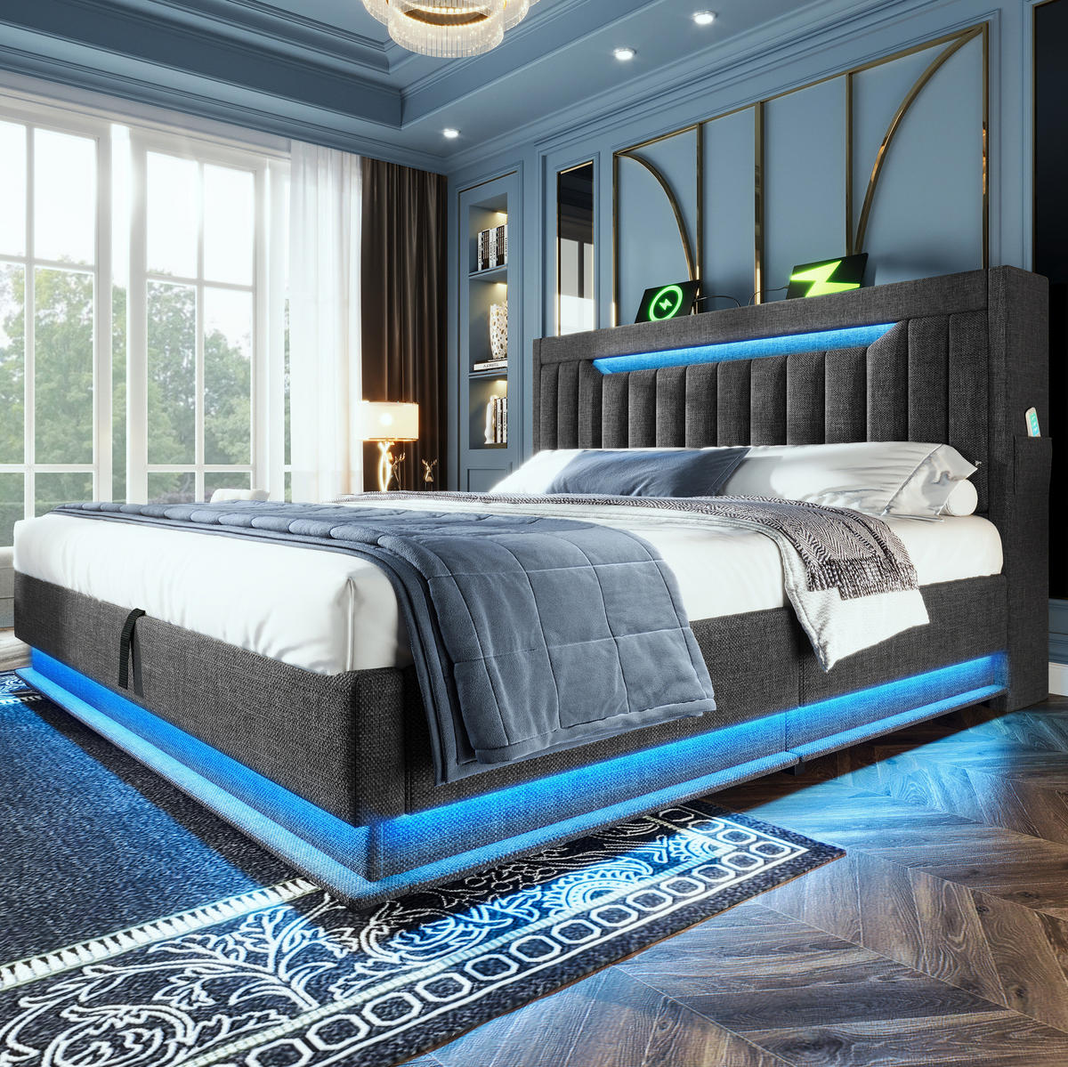 POLSTERBETT mit Stauraum, LED und USB 160x200 cm Leinen Grau - Grau, Metall (160/200cm) - Meubliv