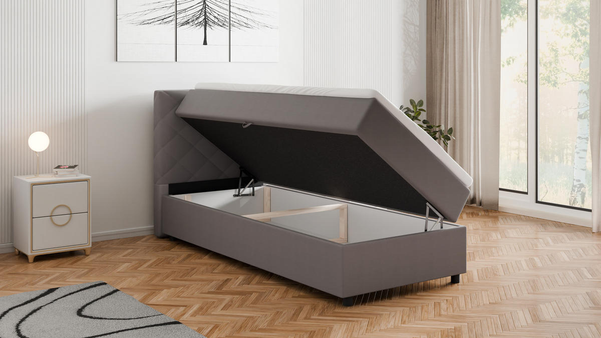 BOXBETT Diamaro 90x200 cm mit Bettkasten und Topper - Dunkelgrau - Grau, Holz (96/215cm) - Panda Möbel