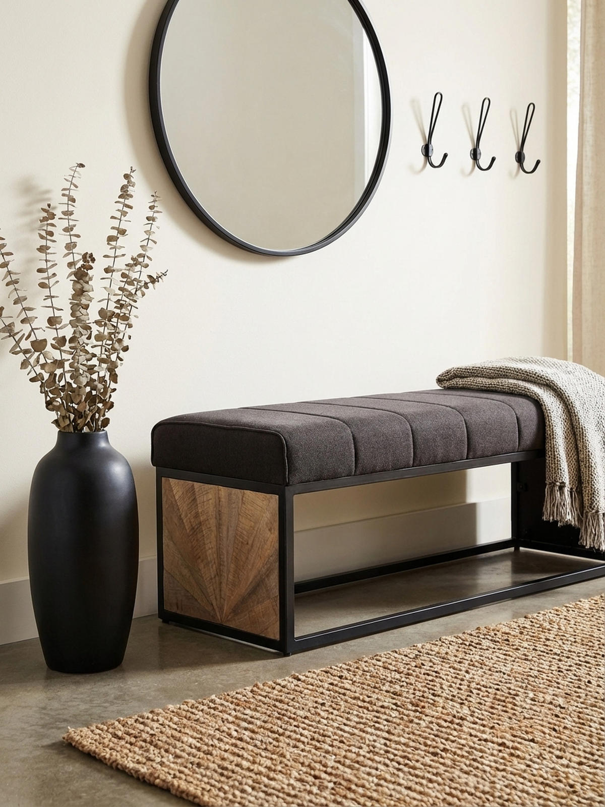 SITZBANK – Metall, Retro-Look, Rillenmuster - Schwarz, Textil/Metall (105/40/40cm) - KADIMA DESIGN