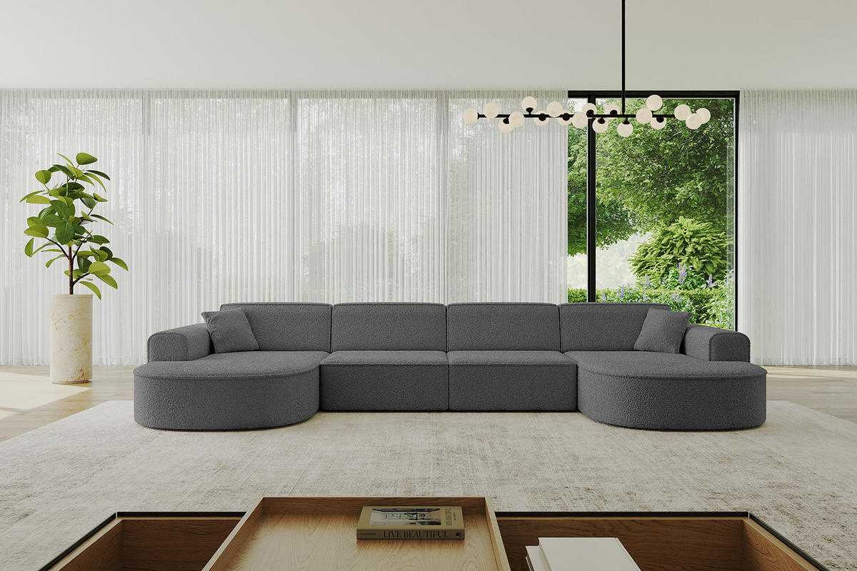 WOHNLANDSCHAFT MARI-U2 - 380x163x73,5 cm Grau Bouclé - Schwarz/Grau, Holzwerkstoff/Kunststoff (380/73.5/163cm) - ALTDECOR
