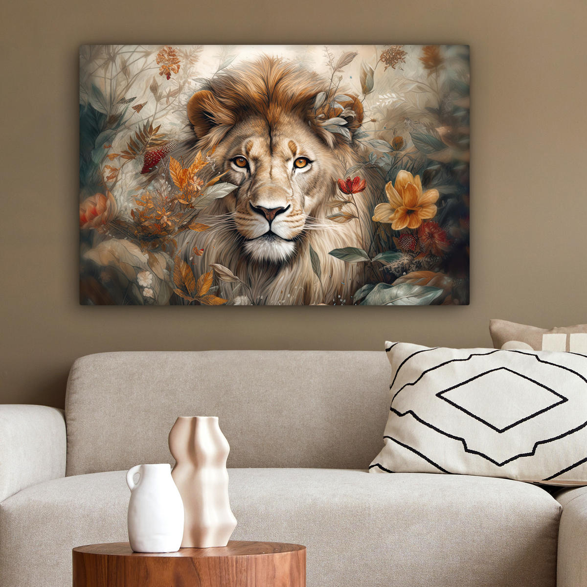 LEINWANDBILD Löwe - Wildtiere - Pflanzen - Natur - Blumen Wanddeko 90x60 cm - Beige, Textil (90/60cm) - MuchoWow