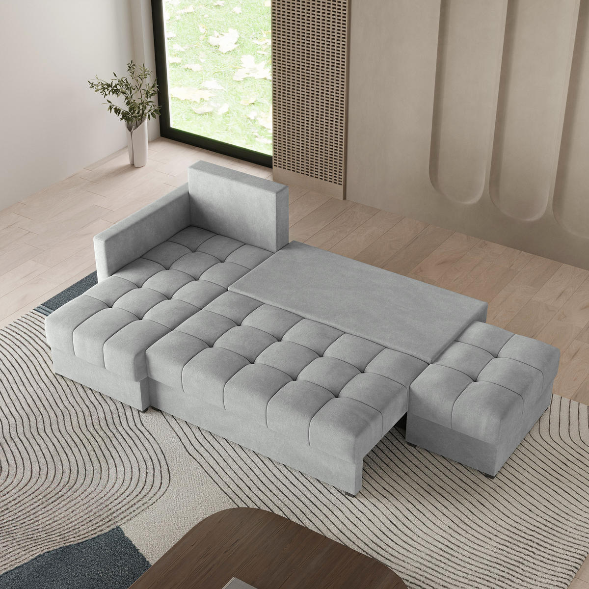 ECKSOFA LUMARI L-S Blau Plüsch-Stoff mit Schlaffunktion - Blau, Holz (262/143cm) - MASSENO