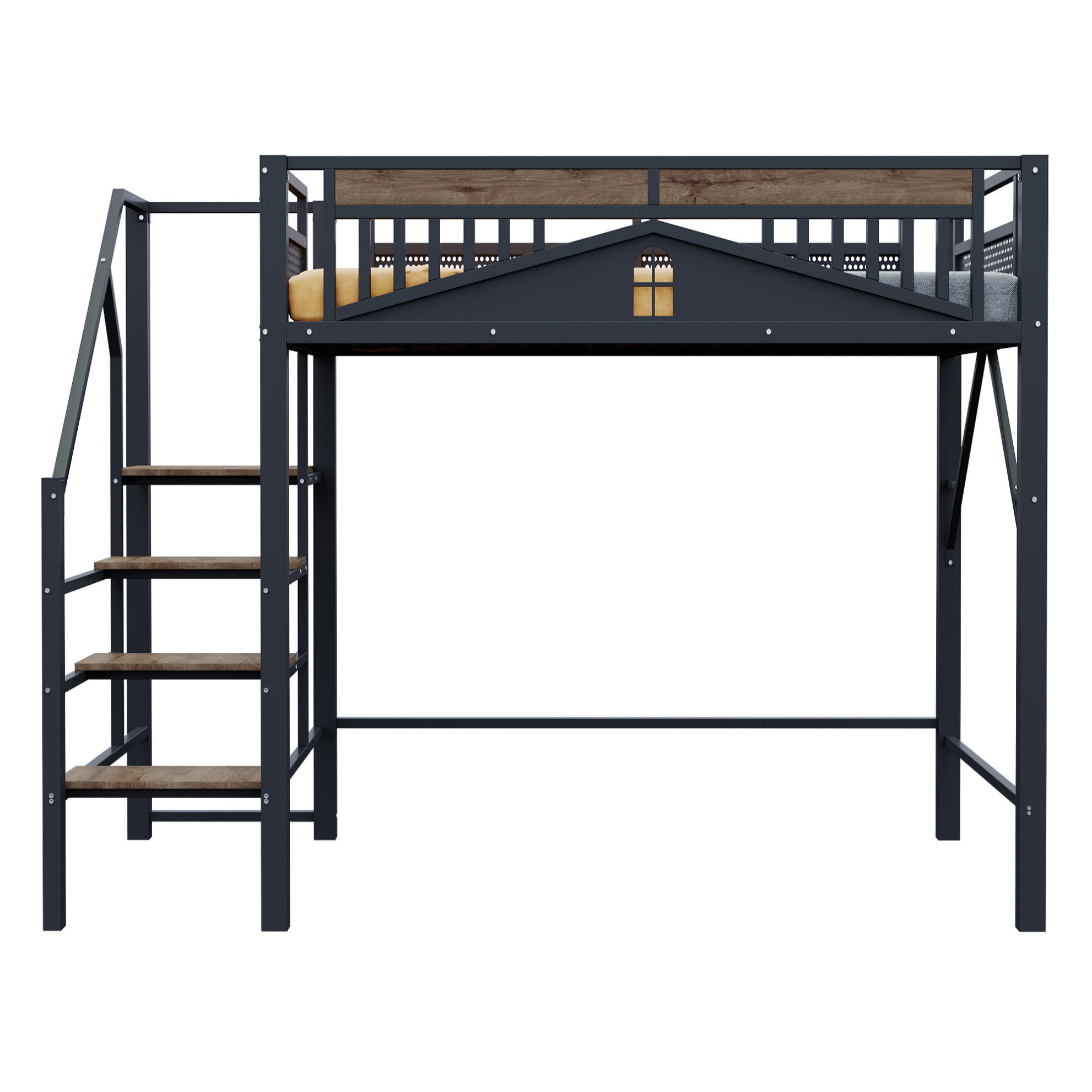 HOCHBETT 140/200 cm aus Metall/Holz mit Fensterdesign und Stauraumleiter Schwarz - Schwarz, Metall (140/200cm) - Modenvie