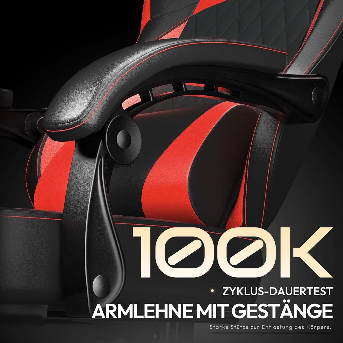 GAMING-STUHL ergonomischer mit Lendenwirbelstütze, Fußstütze, PU-Leder - Rot, Leder (65/127/63cm)