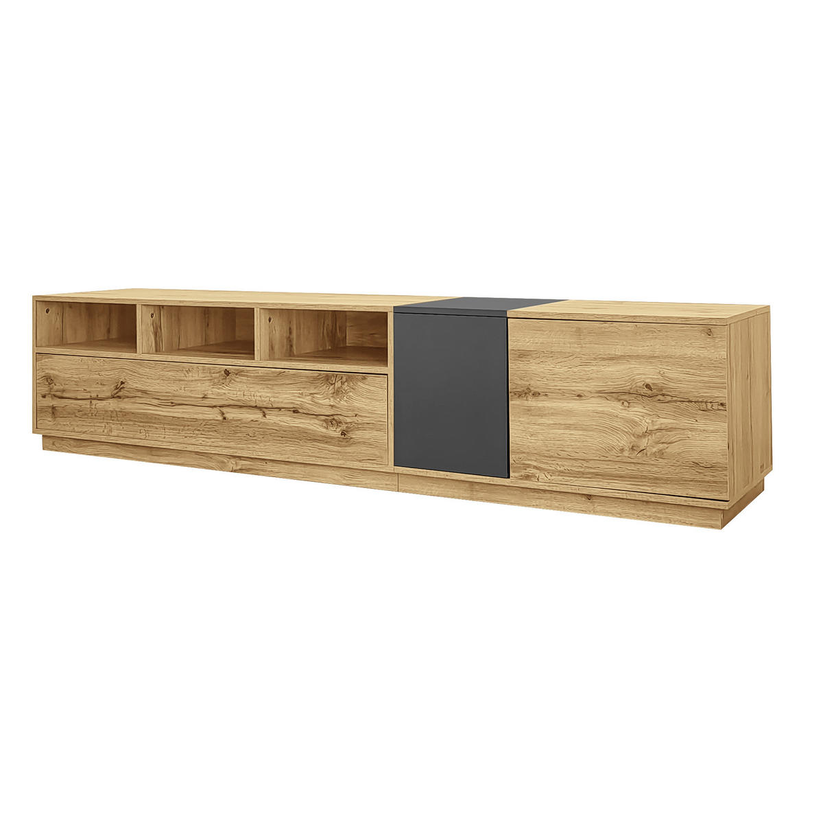 TV-SCHRANK aus Spanplatte 200x45x45 cm Schwarzgrau/Naturfarben mit Kabelöffnungen und Türen im Kontrastdesign - Schwarz, Holzwerkstoff (200/45/45cm) - Modfu