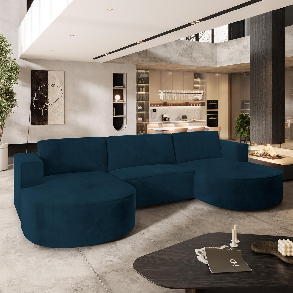 WOHNLANDSCHAFT VEZZO M Blau Velours-Stoff mit Schlaffunktion - Blau, Holz (347/85/174cm) - MASSENO