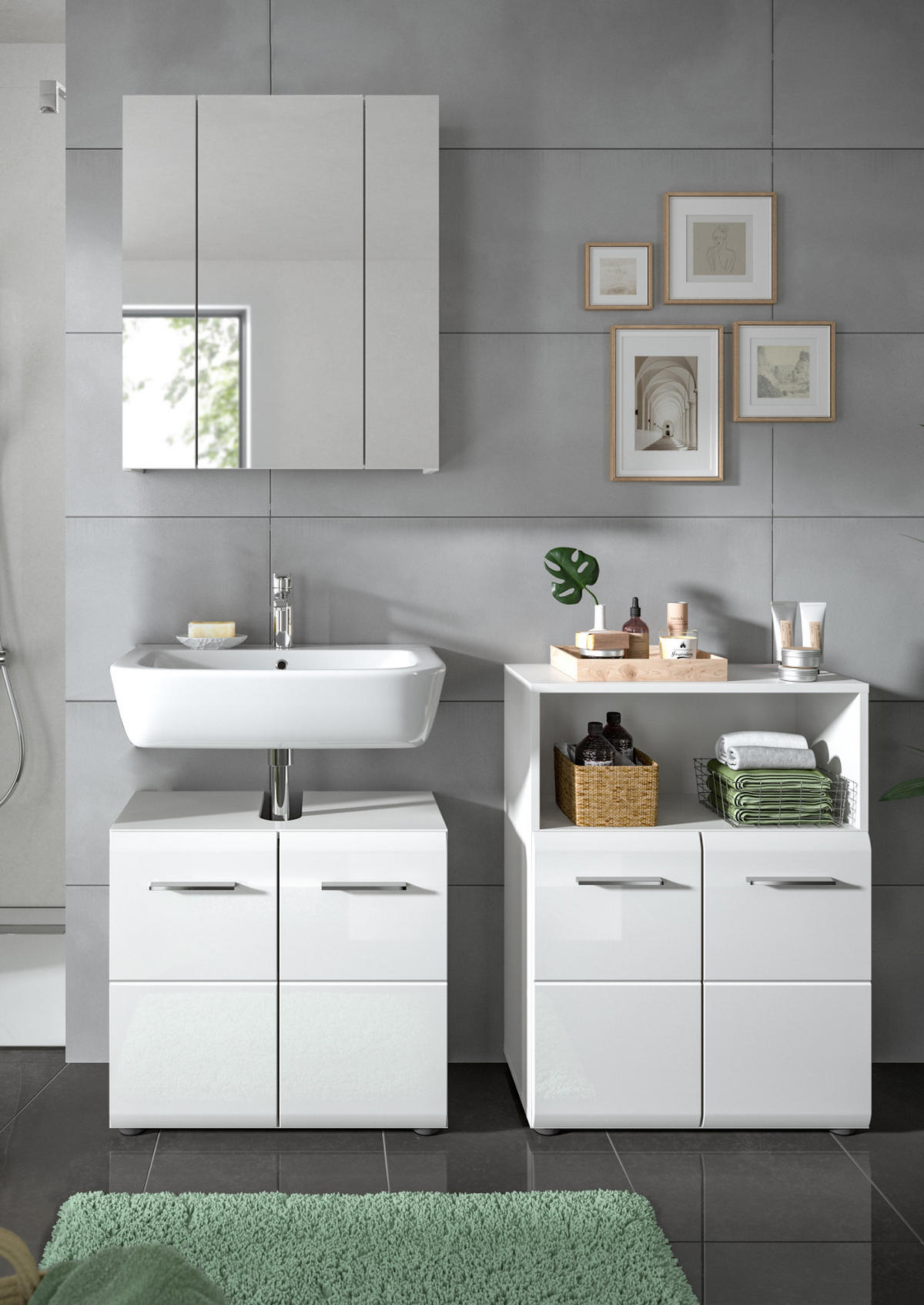 BADMÖBEL SET 3-teilig in weiß Hochglanz Badkombination 135 x 185 cm Cover - Weiß Hochglanz/Silberfarben, Holzwerkstoff/Kunststoff (135/185/30cm) - Inn.Furn