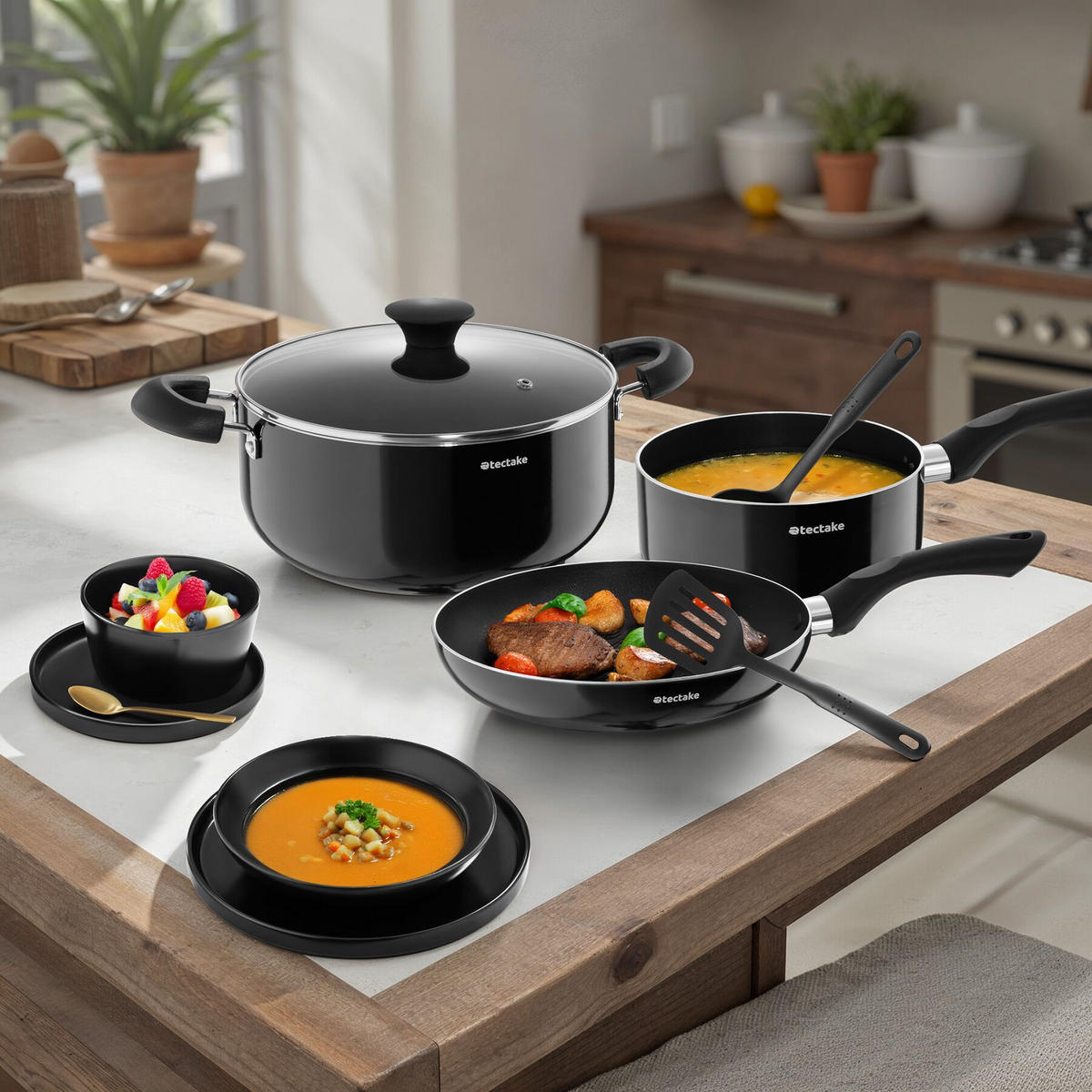 KÜCHENSTARTERSET Una/varese,inklusive 5 Küchenwerkzeugen,schwarz - Schwarz, Keramik - tectake