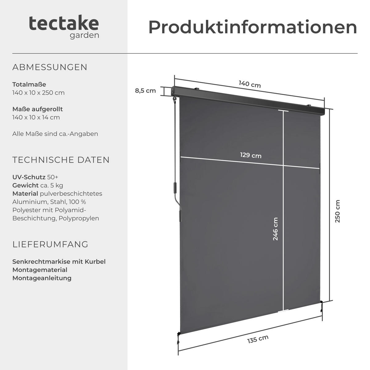SENKRECHTMARKISE Eloise,inkl. Wandhaltern,dunkelgrau - Dunkelgrau, Kunststoff (140/250cm) - tectake