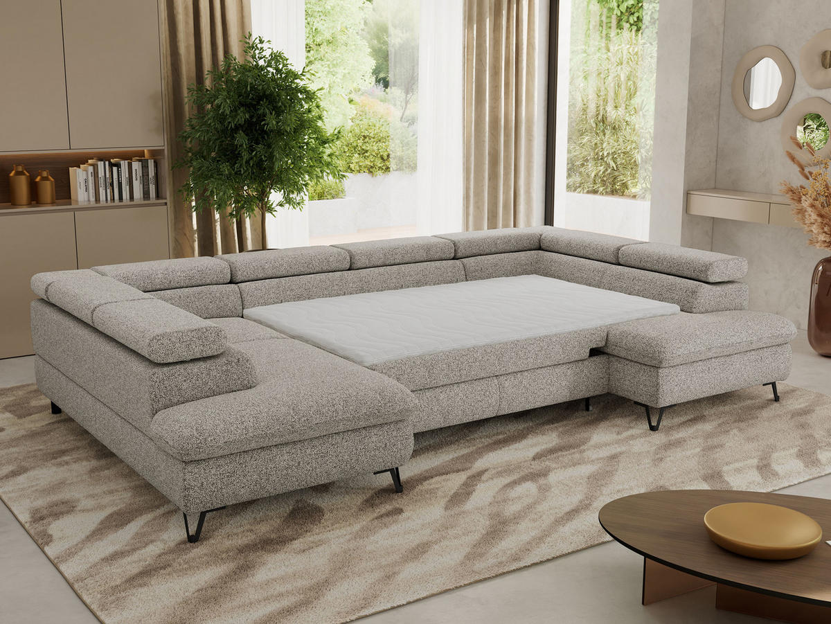 WOHNLANDSCHAFT PABLO U Strukture Hellgrau mit Topper T25 - Hellgrau/Schwarz, Textil/Metall (346/76/208cm) - MKS