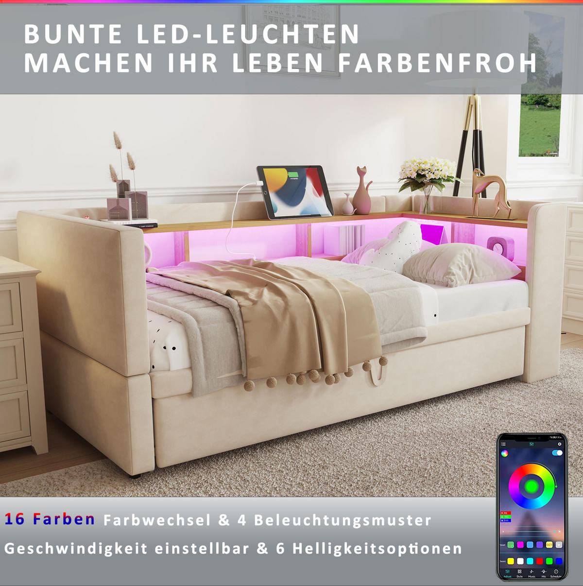 ČALÚNENÉ rozkladacie gaučové lôžko z flanelu 90x190 cm béžové s LED osvetlením, zásuvkami a úložnými priehradkami - béžová, textil (90/190cm) - Modfu