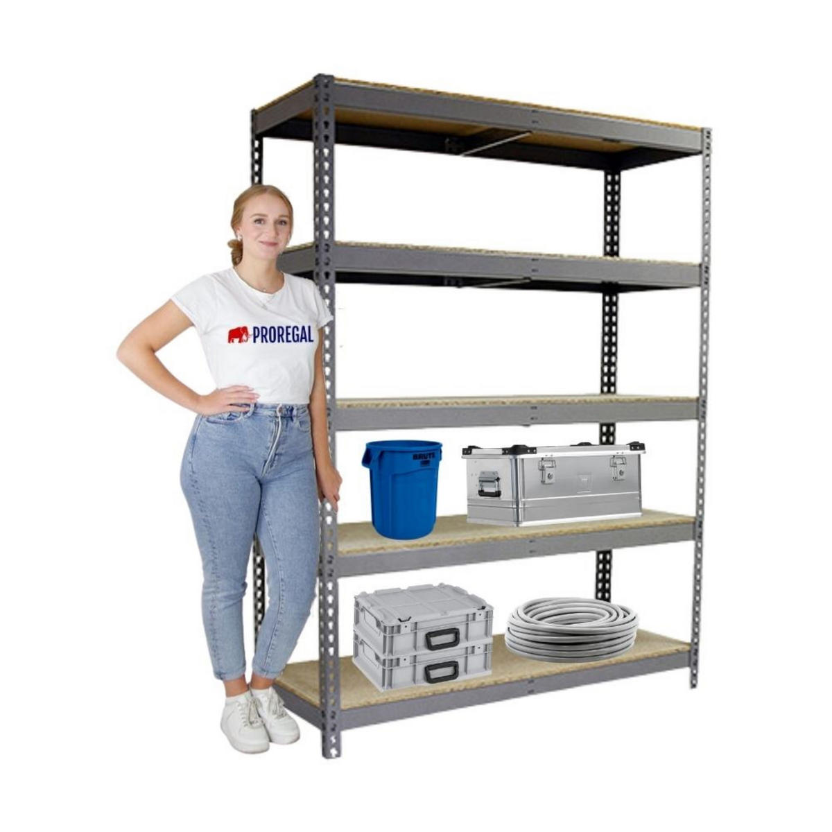 SCHWERLASTREGAL Wood Beast Five HxBxT 200 x 240 x 90 cm 5 Ebenen Fachlast 400 kg Grau - Grau, Metall (240/200/90cm) - PROREGAL