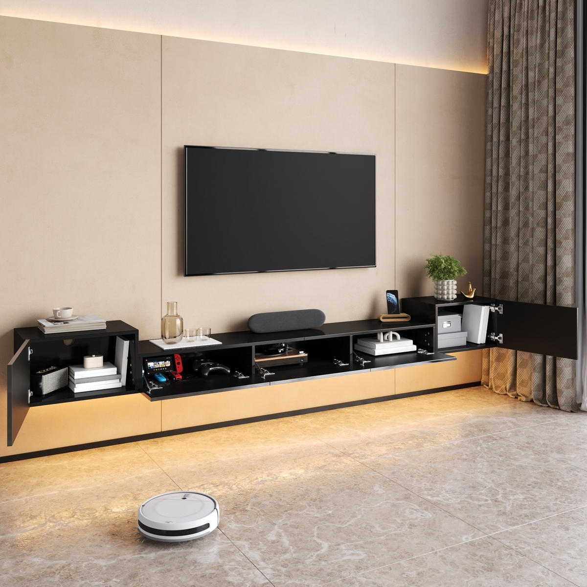 TV-SCHRANK 245/30/26 cm Schwarz mit LED-Beleuchtung und Hochglanz-Türen - Schwarz, Holzwerkstoff (245/26/30cm) - Oxeza