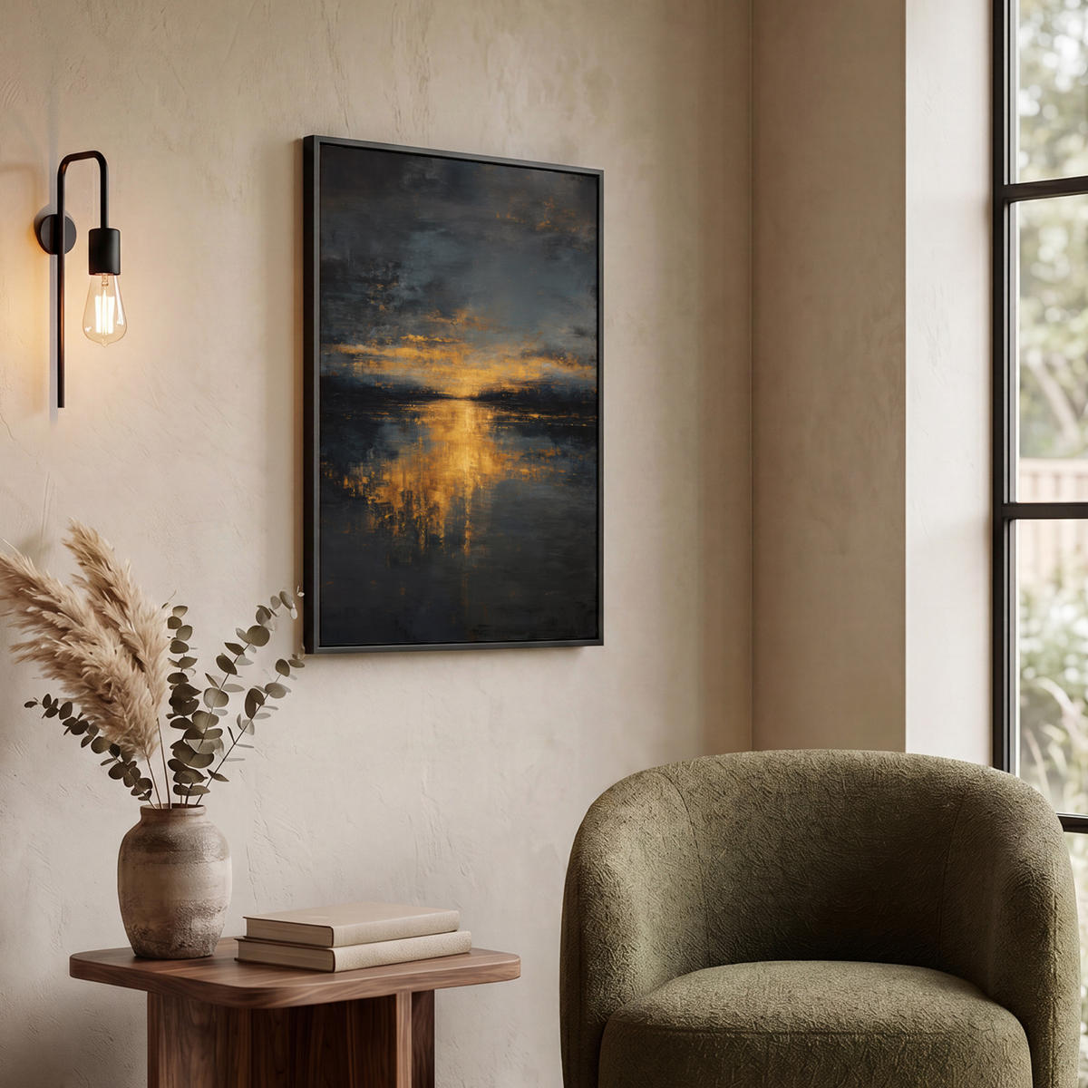 LEINWAND Bilder mit Rahmen - Goldene Reflexion auf dem Wasser - 50x70 - Anthrazit, Textil (50/70cm) - MuchoWow